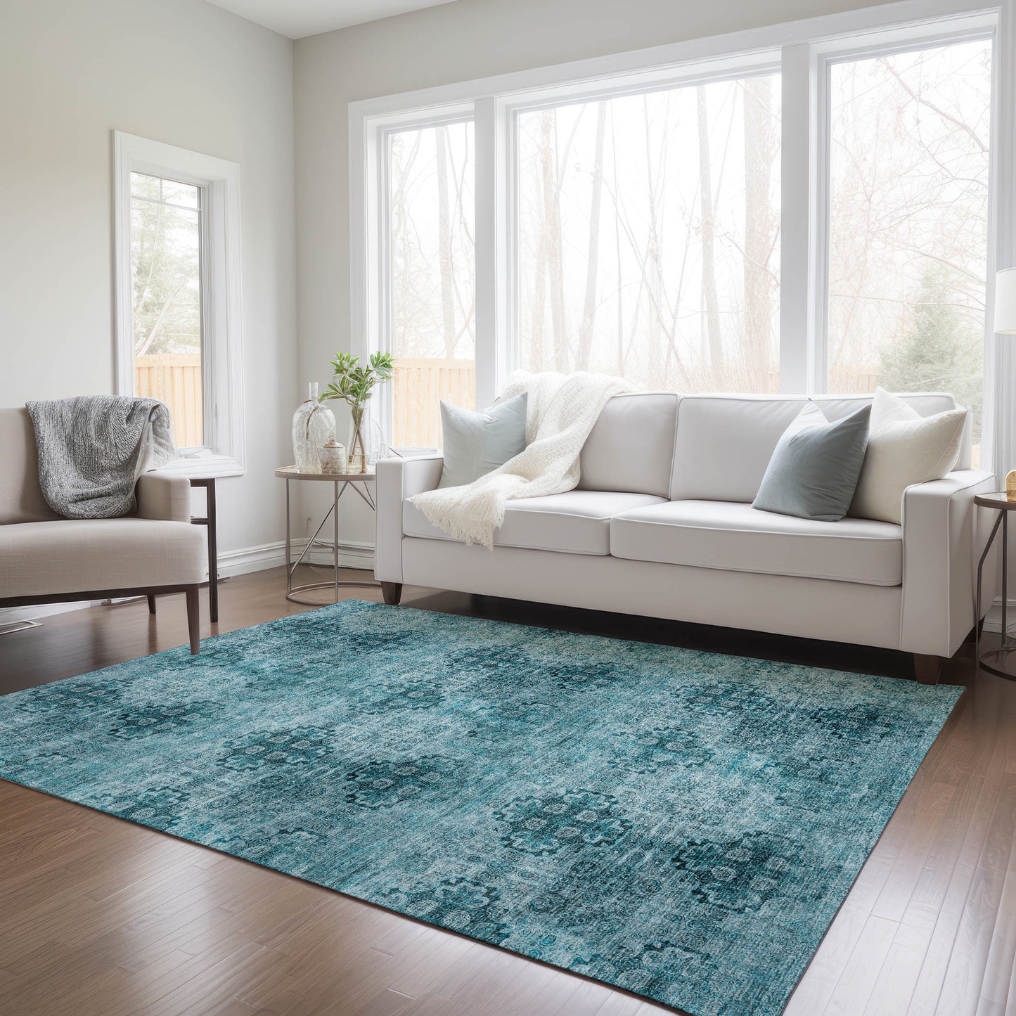 5' X 8' Teal Floral Medallion Washable Non Skid Indoor Outdoor Area Rug