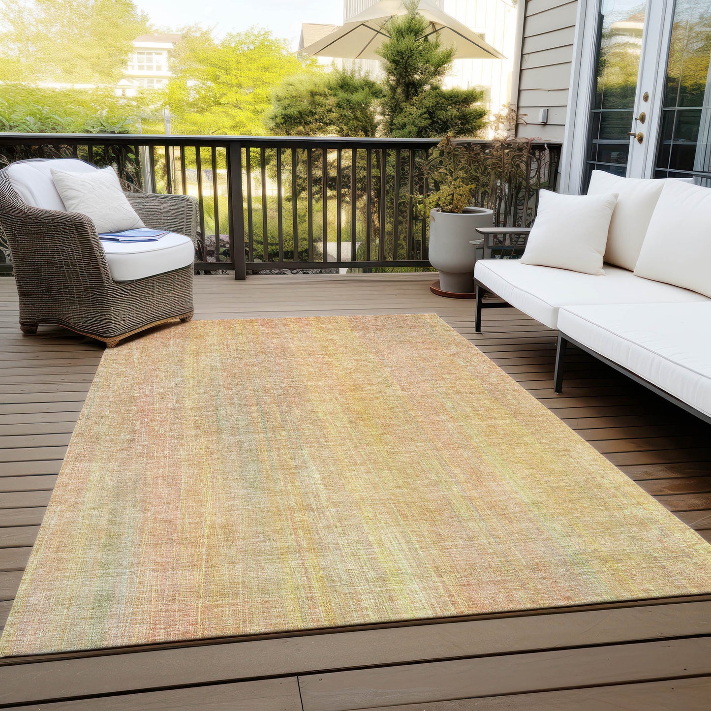 5' X 8' Yellow and Orange Striped Washable Non Skid Indoor Outdoor Area Rug