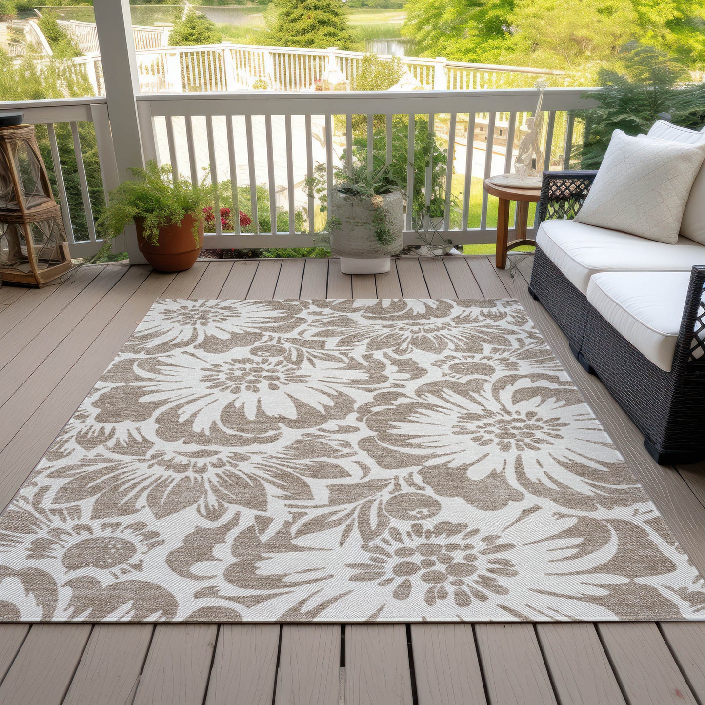 5' X 8' Taupe and Ivory Floral Washable Non Skid Indoor Outdoor Area Rug