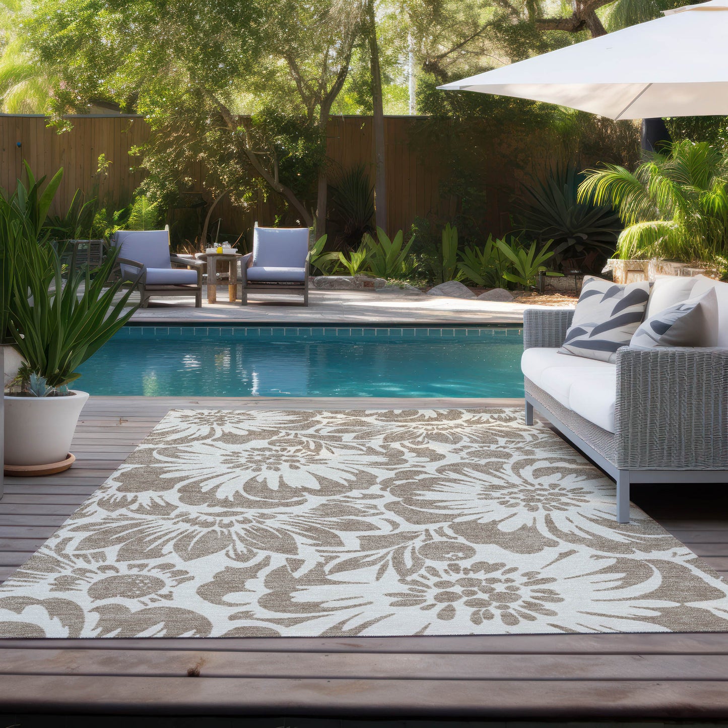 5' X 8' Taupe and Ivory Floral Washable Non Skid Indoor Outdoor Area Rug