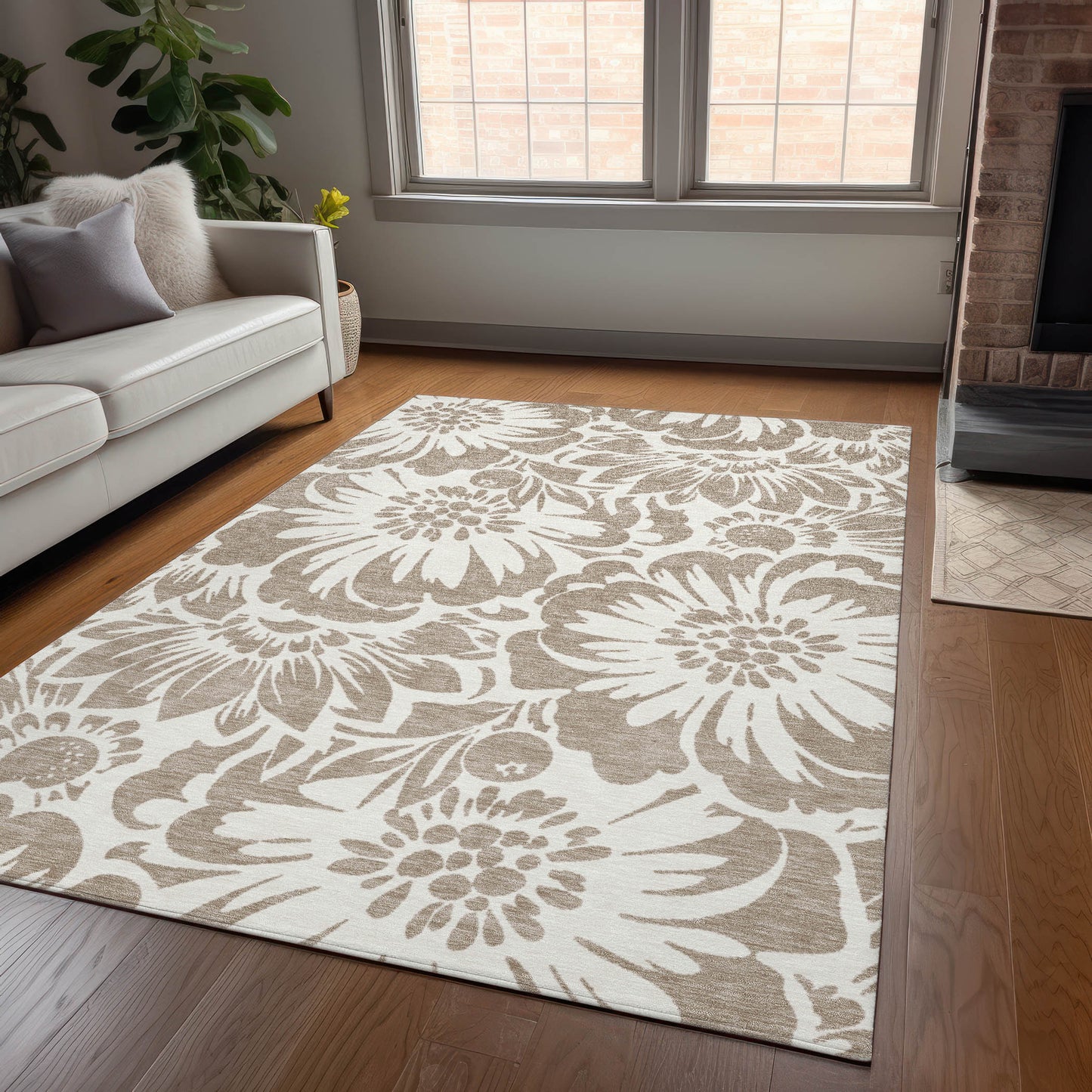 5' X 8' Taupe and Ivory Floral Washable Non Skid Indoor Outdoor Area Rug