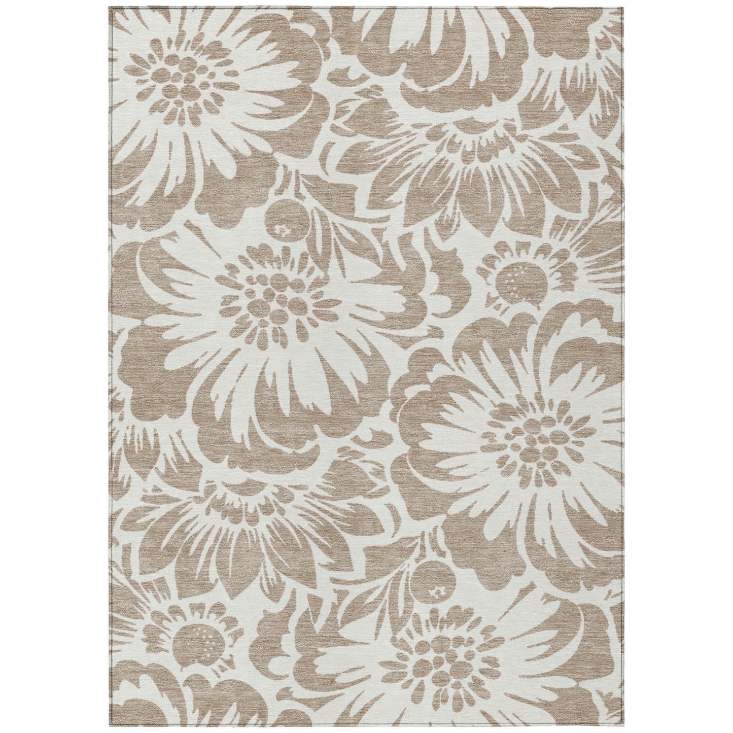 5' X 8' Taupe and Ivory Floral Washable Non Skid Indoor Outdoor Area Rug