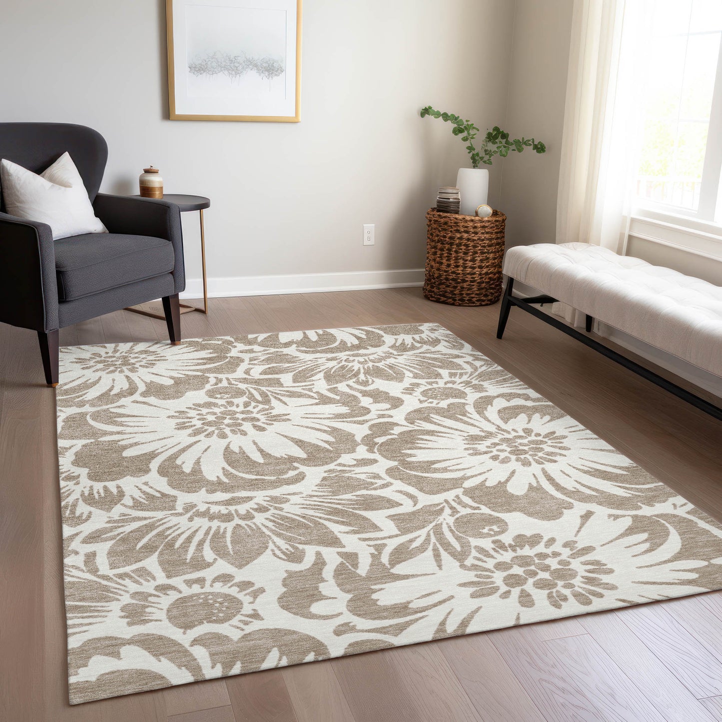 5' X 8' Taupe and Ivory Floral Washable Non Skid Indoor Outdoor Area Rug