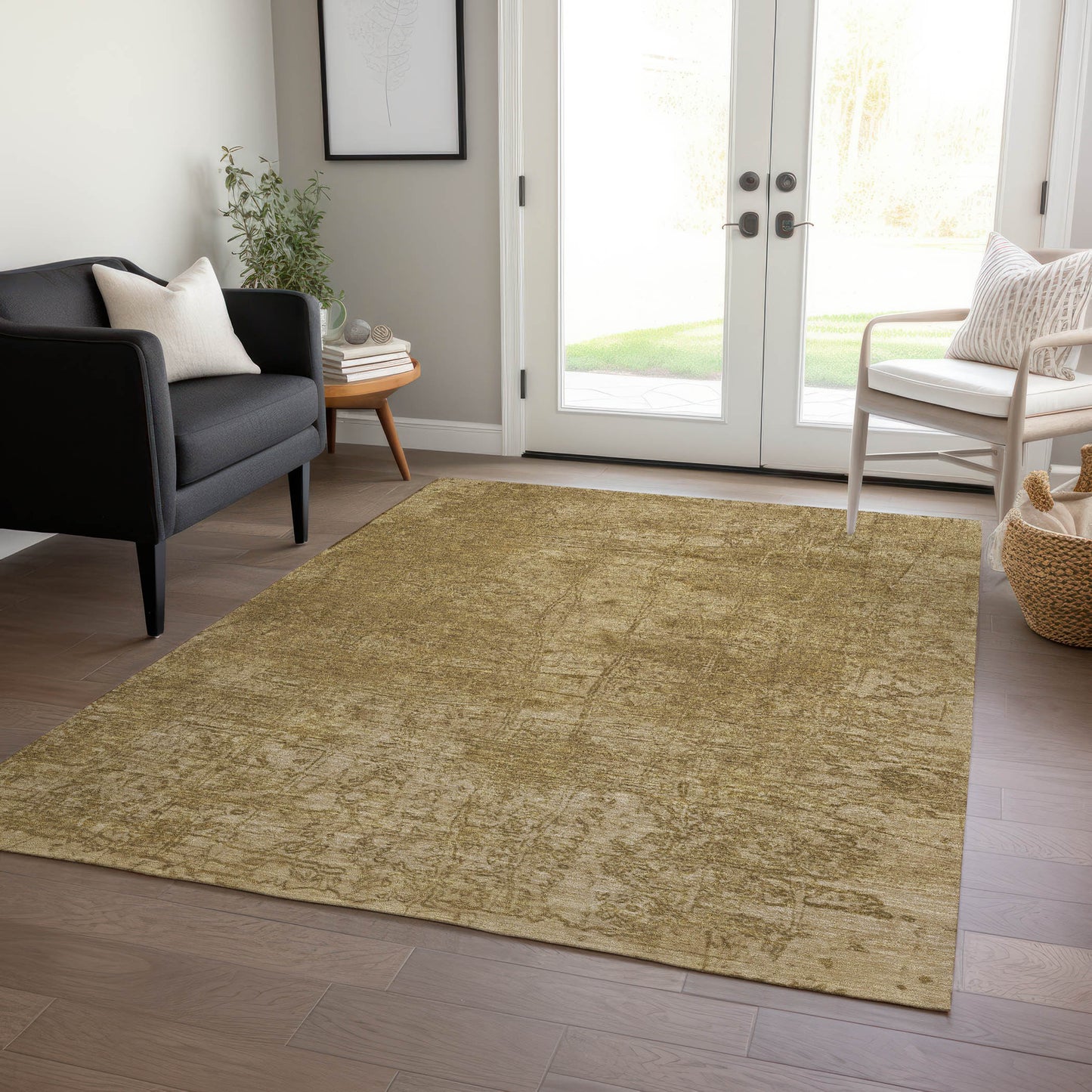 5' X 8' Tan Abstract Washable Non Skid Indoor Outdoor Area Rug