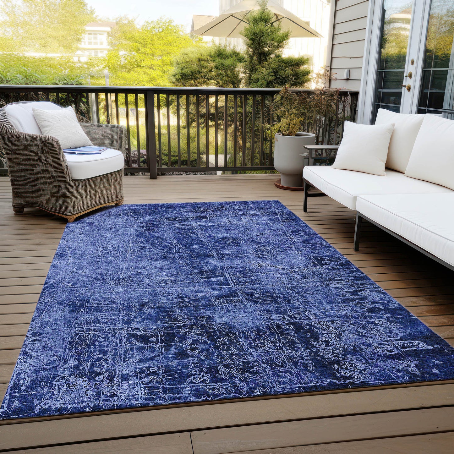 5' X 8' Navy Blue Abstract Washable Non Skid Indoor Outdoor Area Rug