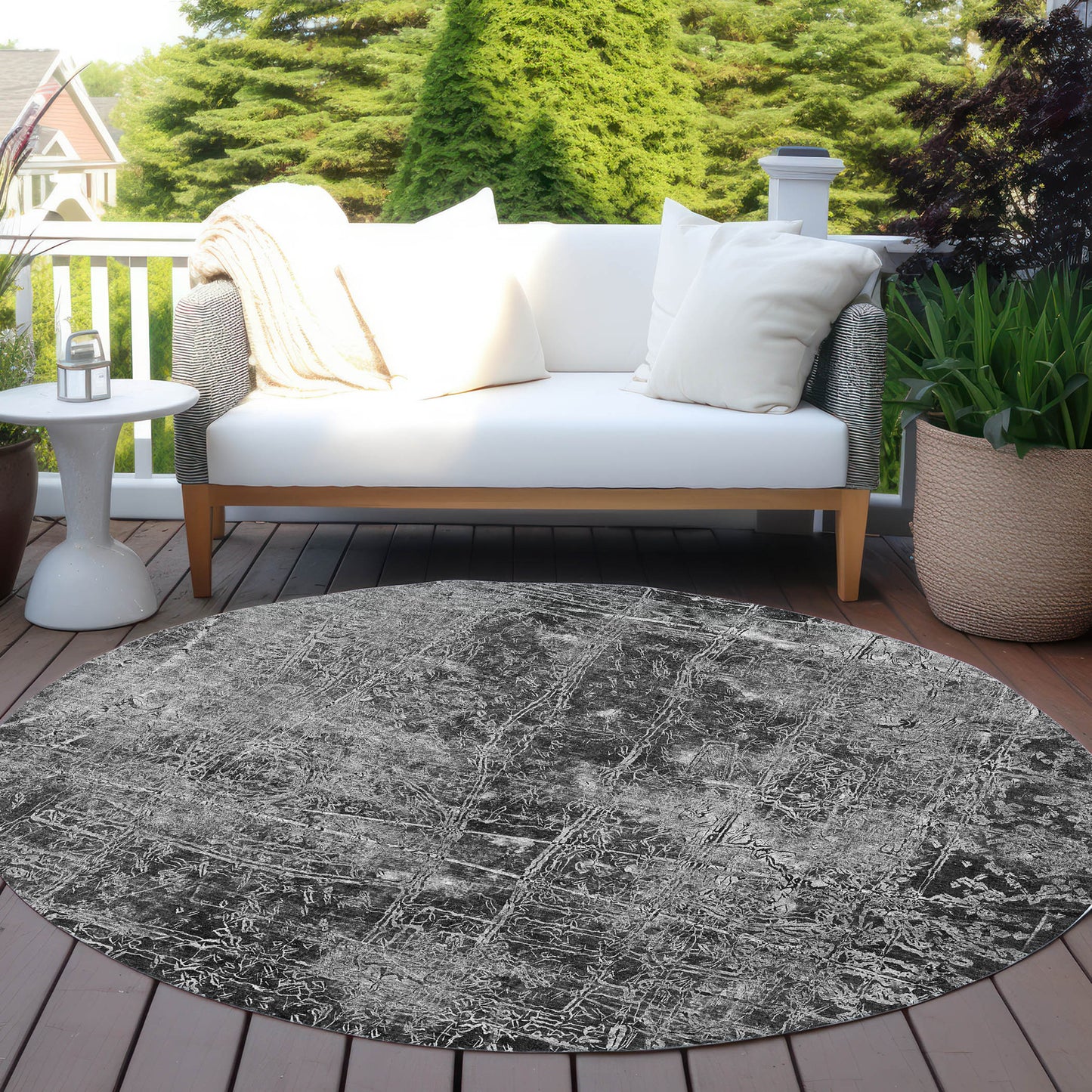 8' Round Gray Round Abstract Washable Non Skid Indoor Outdoor Area Rug