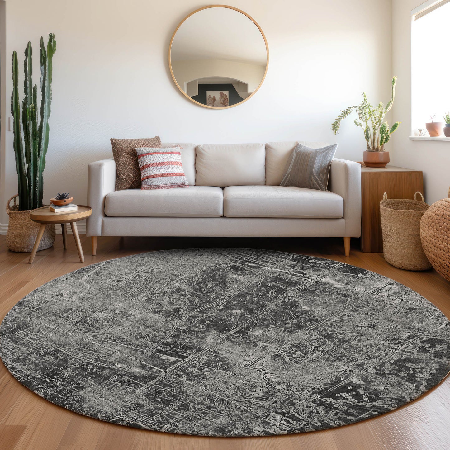 8' Round Gray Round Abstract Washable Non Skid Indoor Outdoor Area Rug