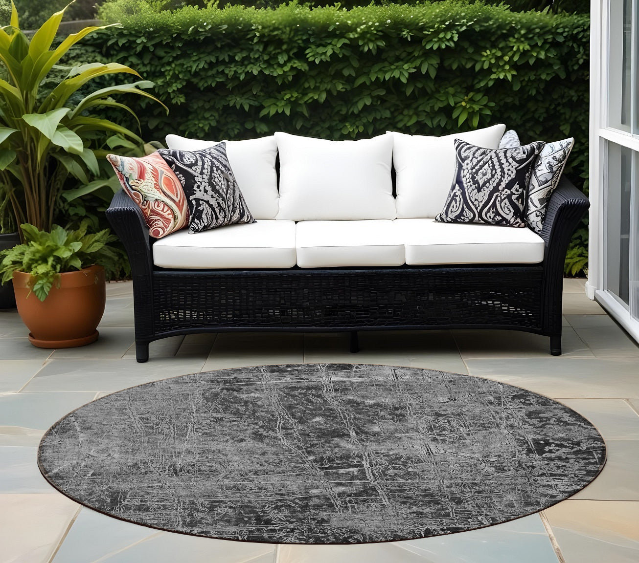 8' Round Gray Round Abstract Washable Non Skid Indoor Outdoor Area Rug