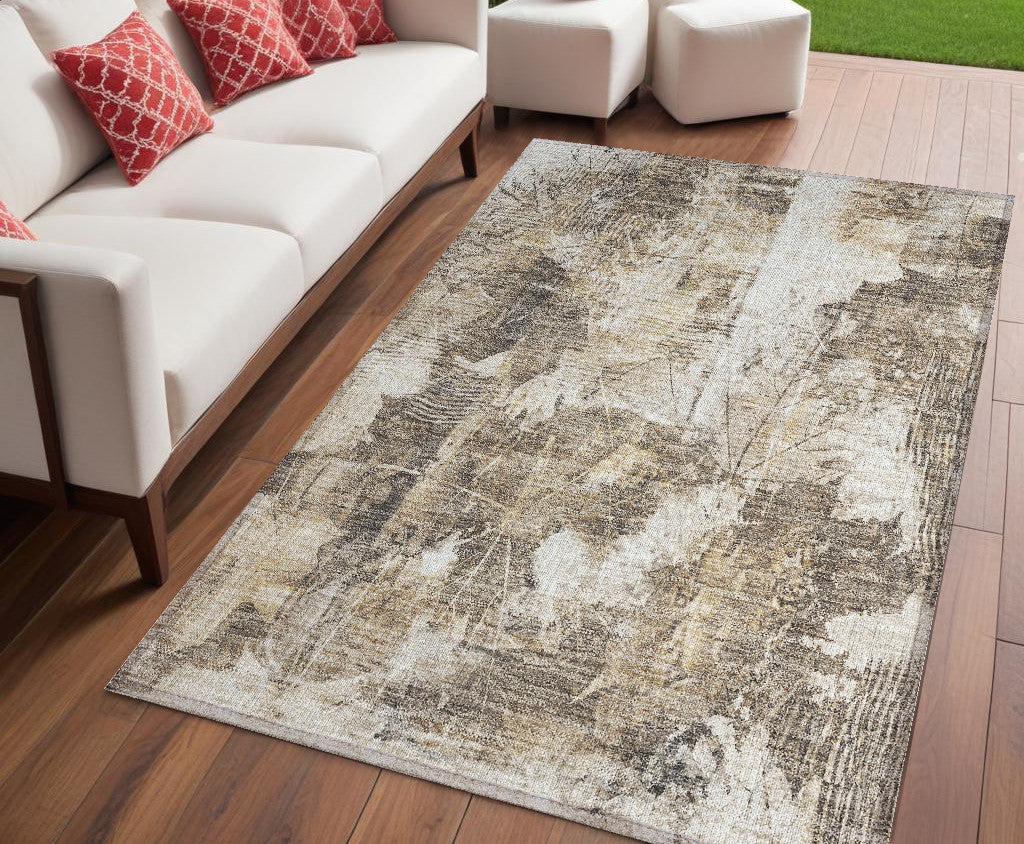 5' X 8' Taupe and Ivory Floral Washable Non Skid Indoor Outdoor Area Rug