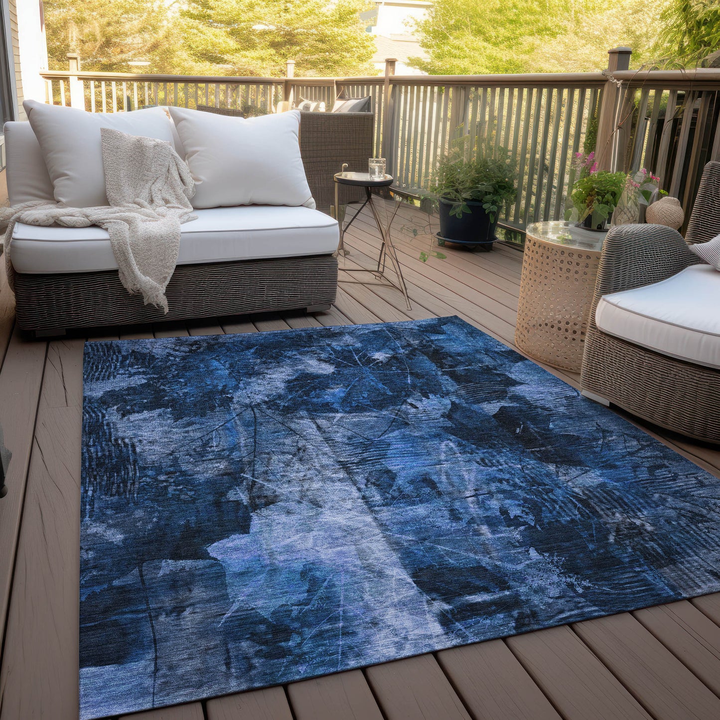 5' X 8' Navy Blue Floral Washable Non Skid Indoor Outdoor Area Rug