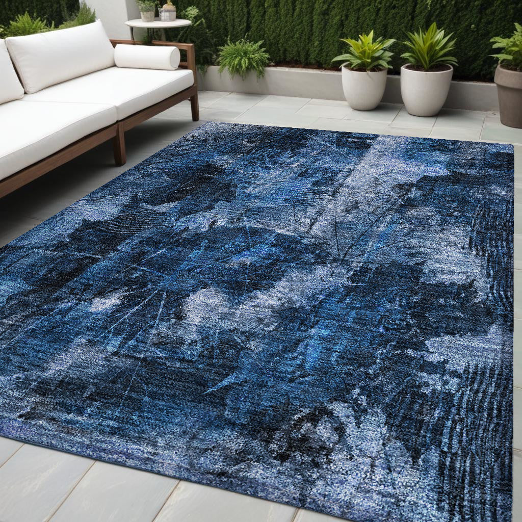 5' X 8' Navy Blue Floral Washable Non Skid Indoor Outdoor Area Rug