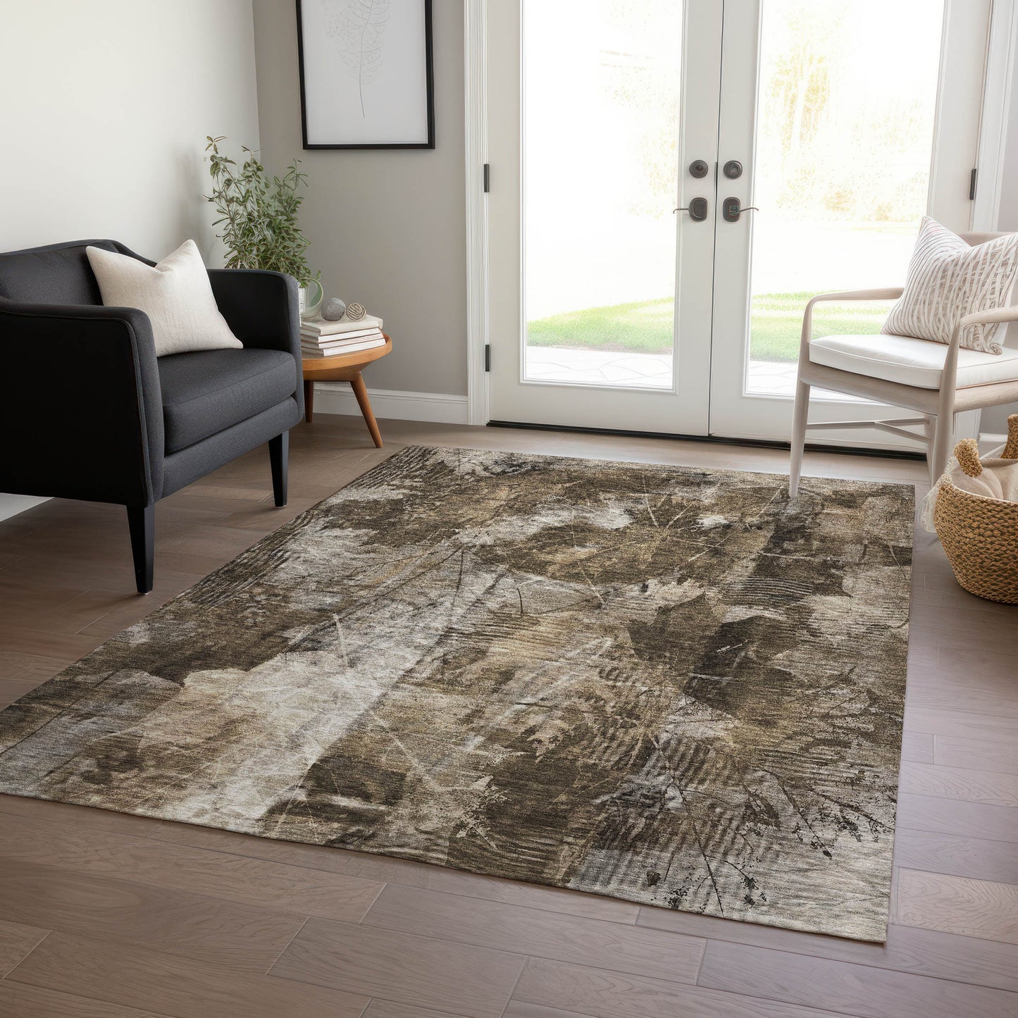 5' X 8' Taupe Floral Washable Non Skid Indoor Outdoor Area Rug