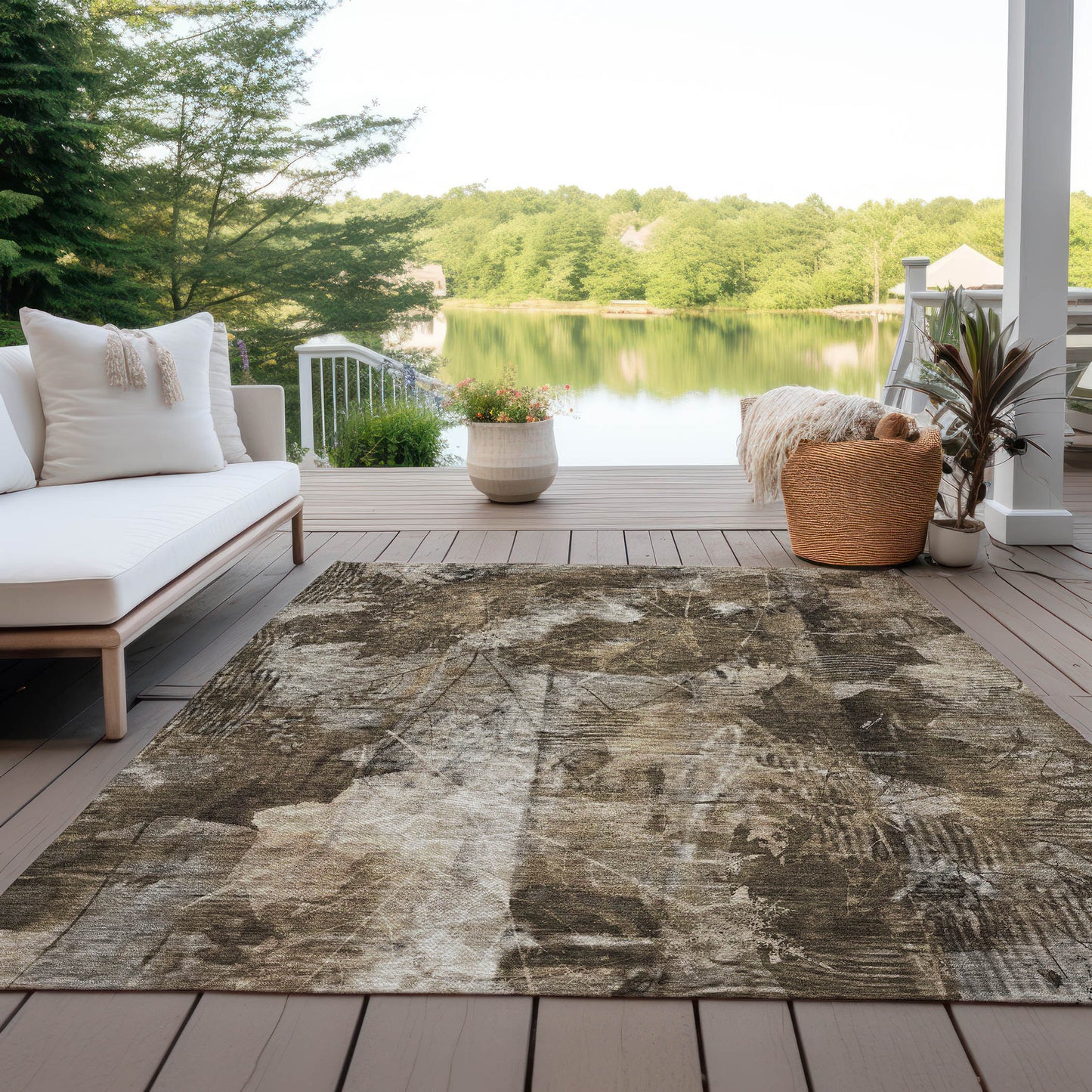 5' X 8' Taupe Floral Washable Non Skid Indoor Outdoor Area Rug