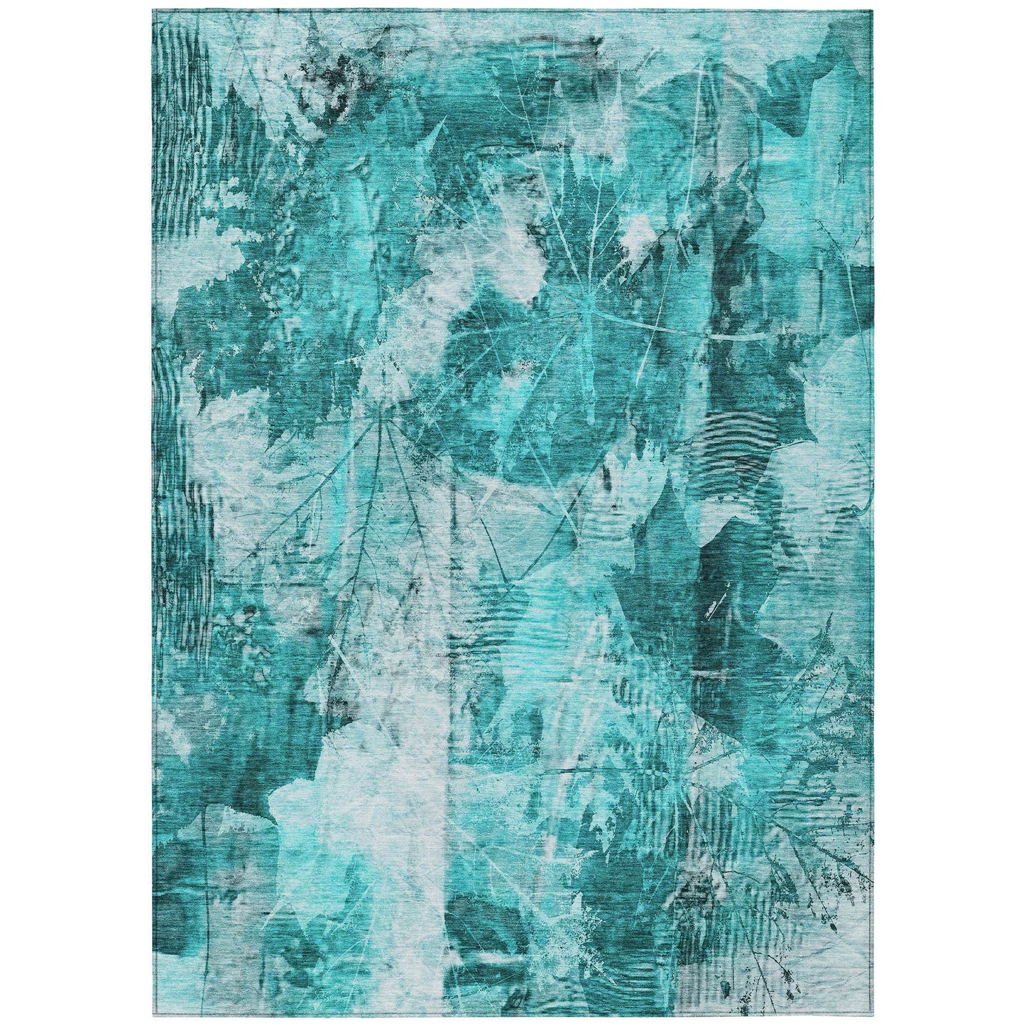 5' X 8' Teal Floral Washable Non Skid Indoor Outdoor Area Rug