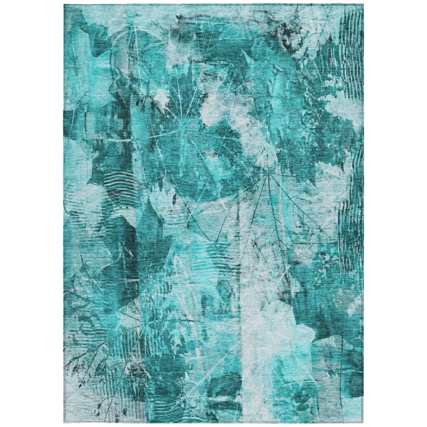 5' X 8' Teal Floral Washable Non Skid Indoor Outdoor Area Rug