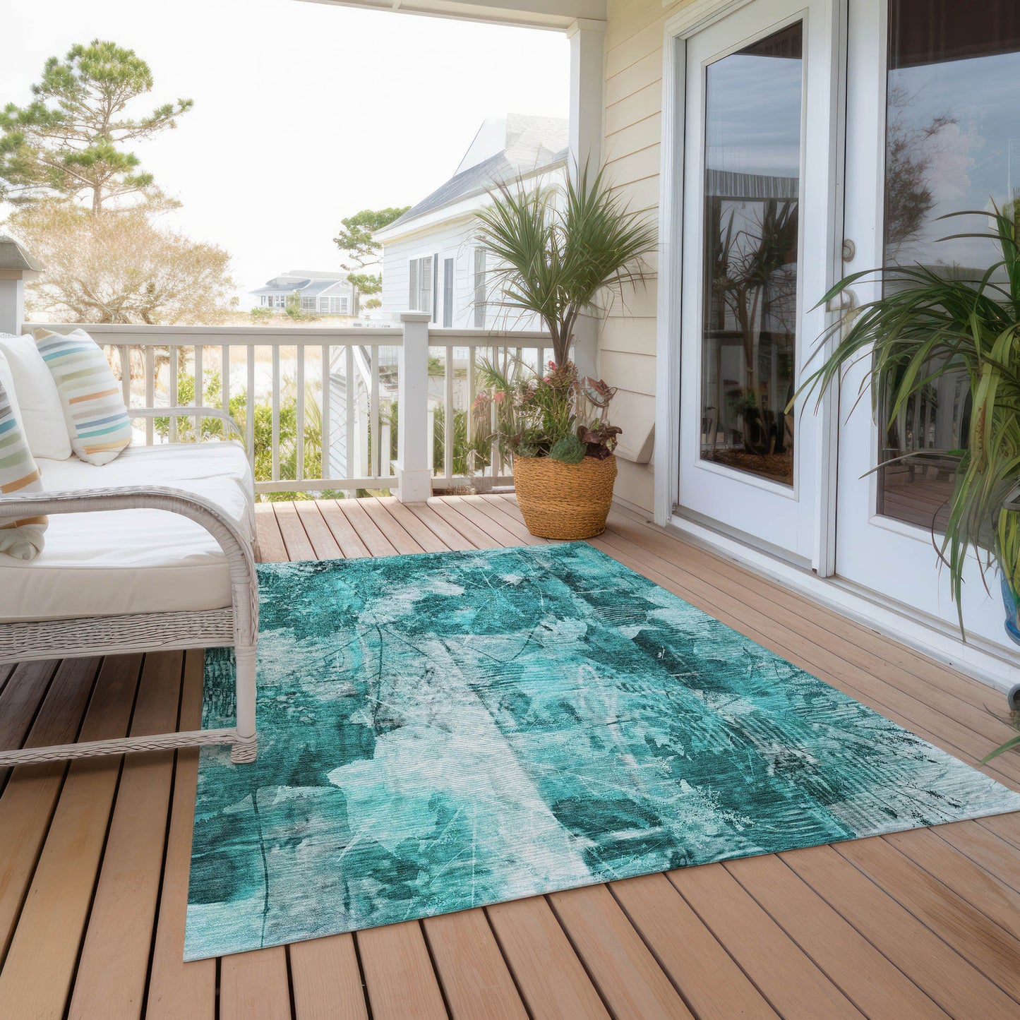 5' X 8' Teal Floral Washable Non Skid Indoor Outdoor Area Rug