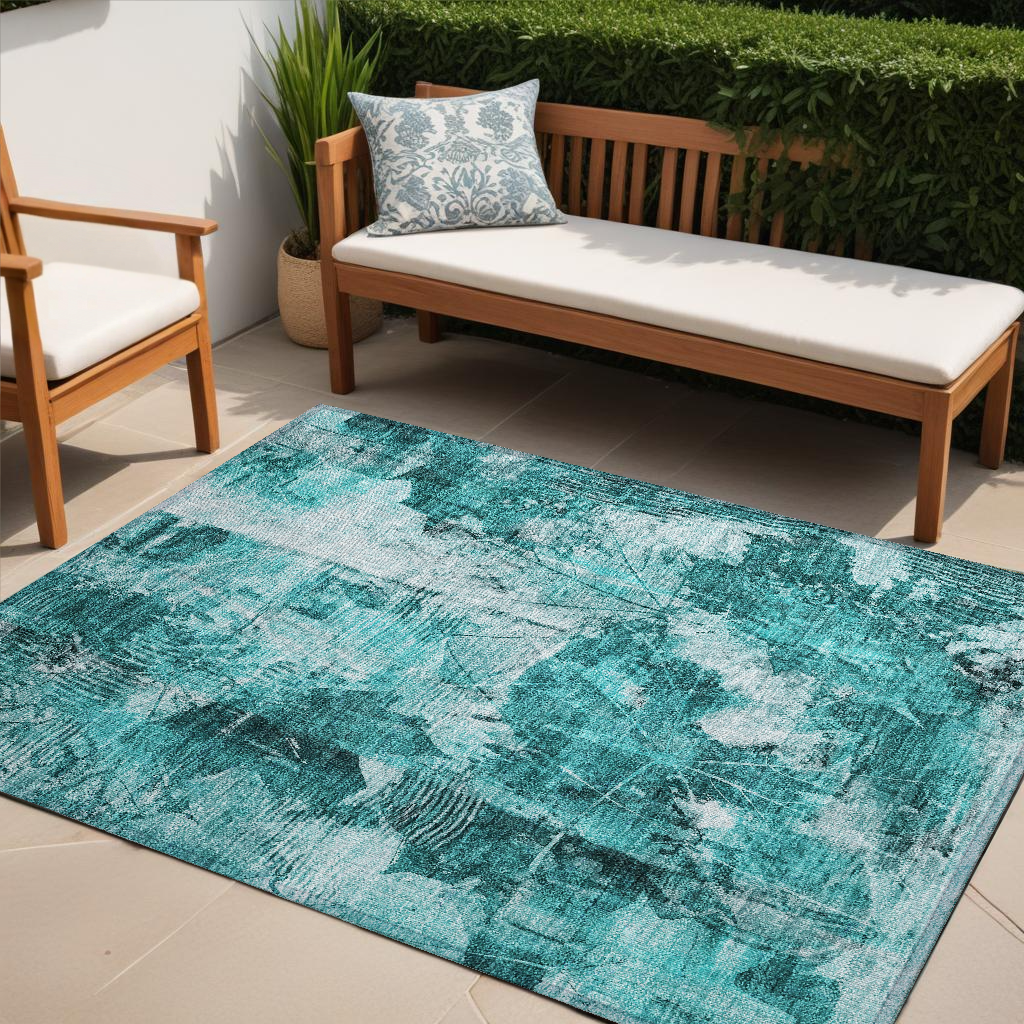 5' X 8' Teal Floral Washable Non Skid Indoor Outdoor Area Rug