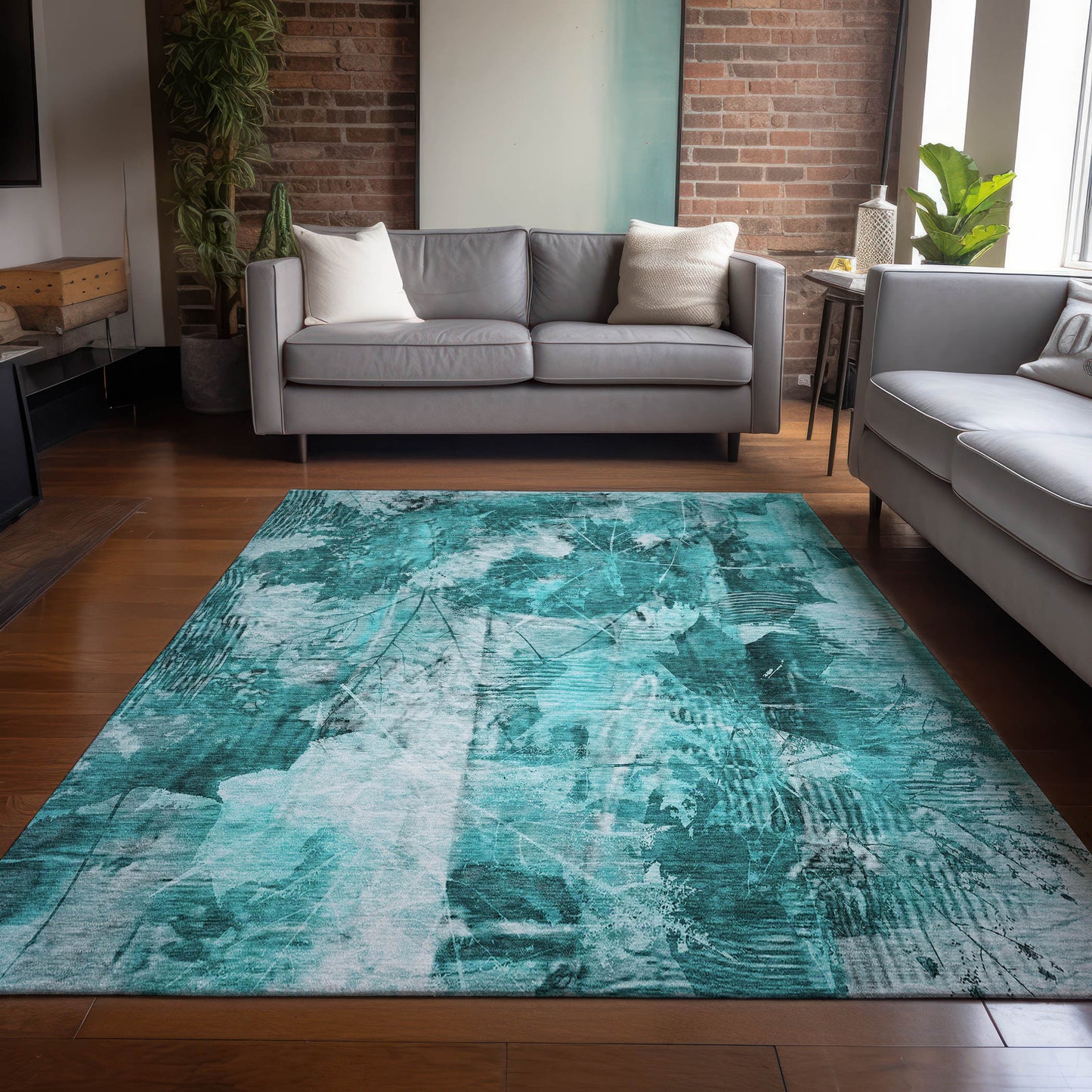 5' X 8' Teal Floral Washable Non Skid Indoor Outdoor Area Rug