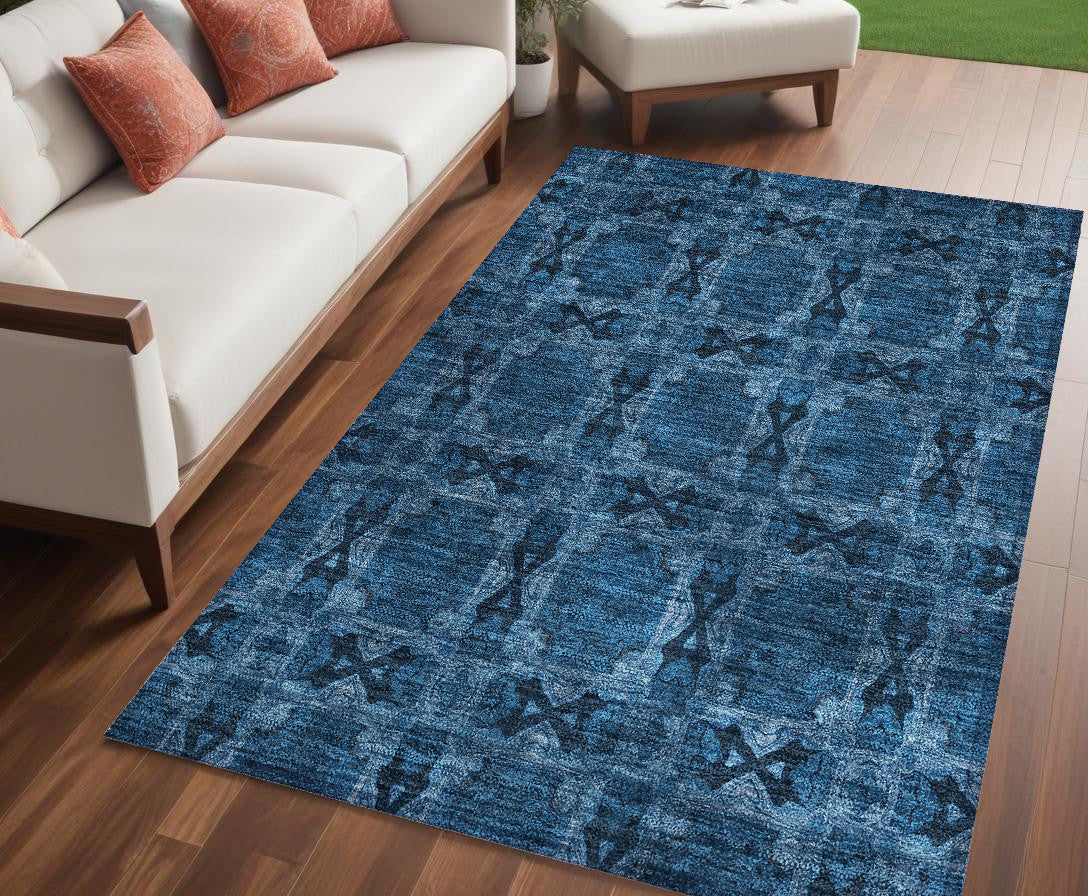 5' X 8' Navy and Gray Floral Medallion Washable Non Skid Indoor Outdoor Area Rug