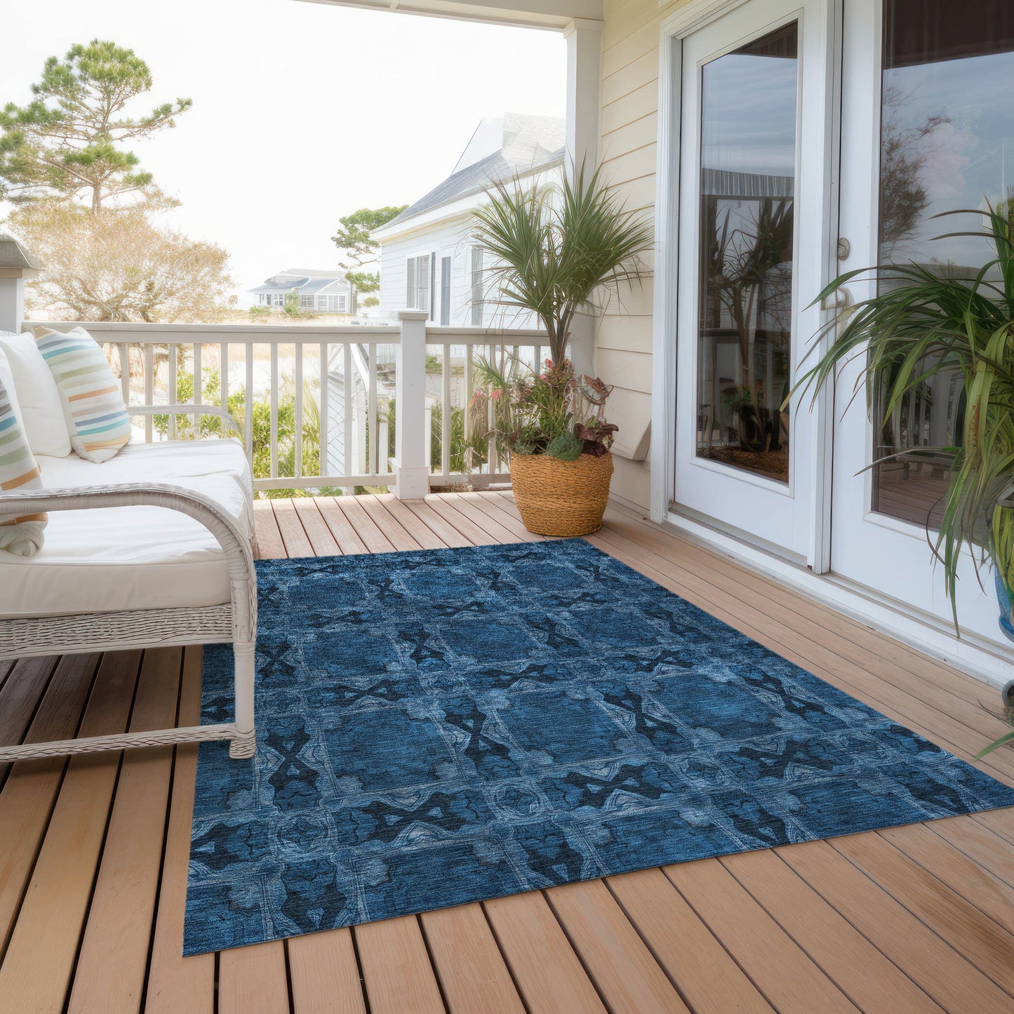 5' X 8' Navy and Gray Floral Medallion Washable Non Skid Indoor Outdoor Area Rug