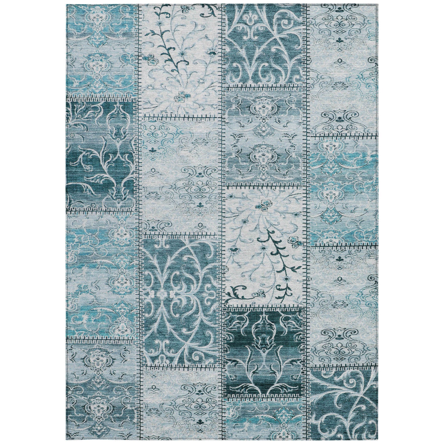 5' X 8' Teal Patchwork Washable Non Skid Indoor Outdoor Area Rug