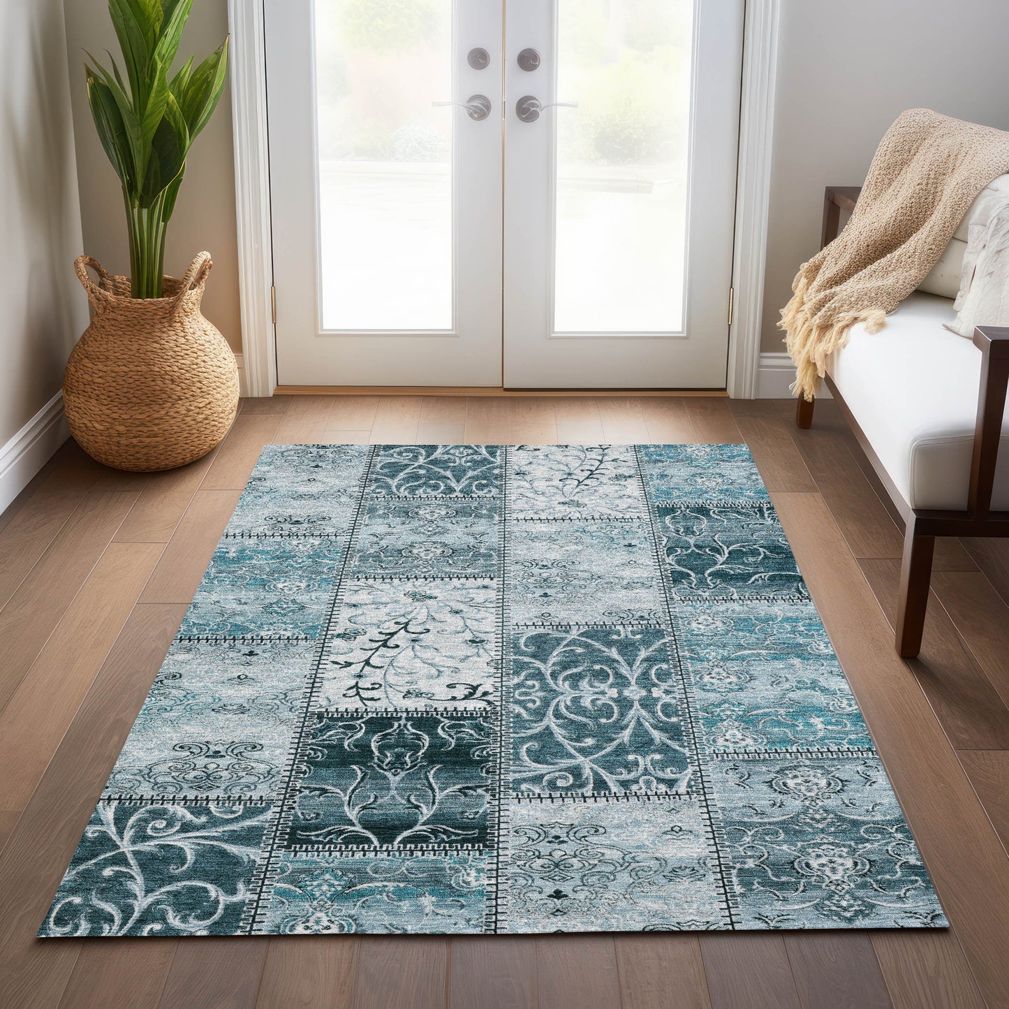 5' X 8' Teal Patchwork Washable Non Skid Indoor Outdoor Area Rug