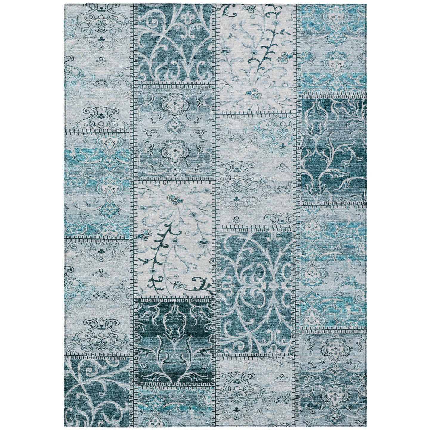 5' X 8' Teal Patchwork Washable Non Skid Indoor Outdoor Area Rug