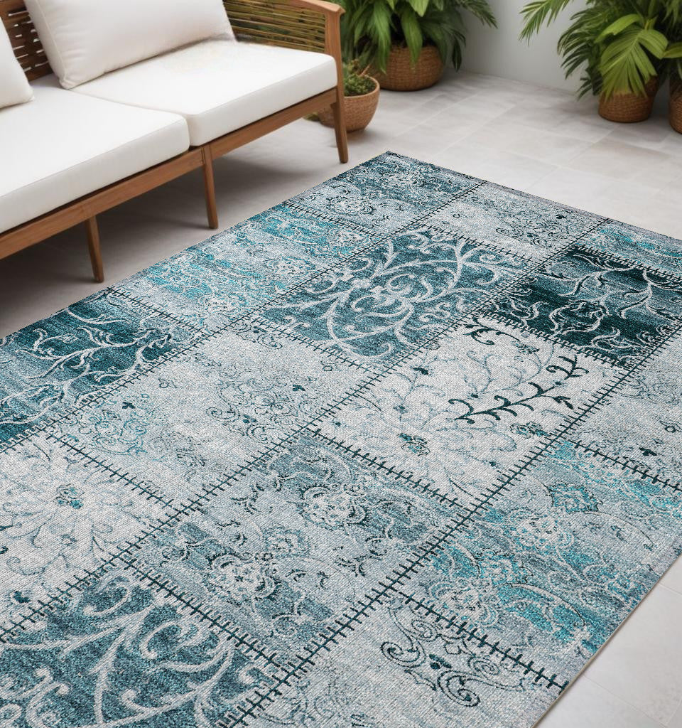 5' X 8' Teal Patchwork Washable Non Skid Indoor Outdoor Area Rug