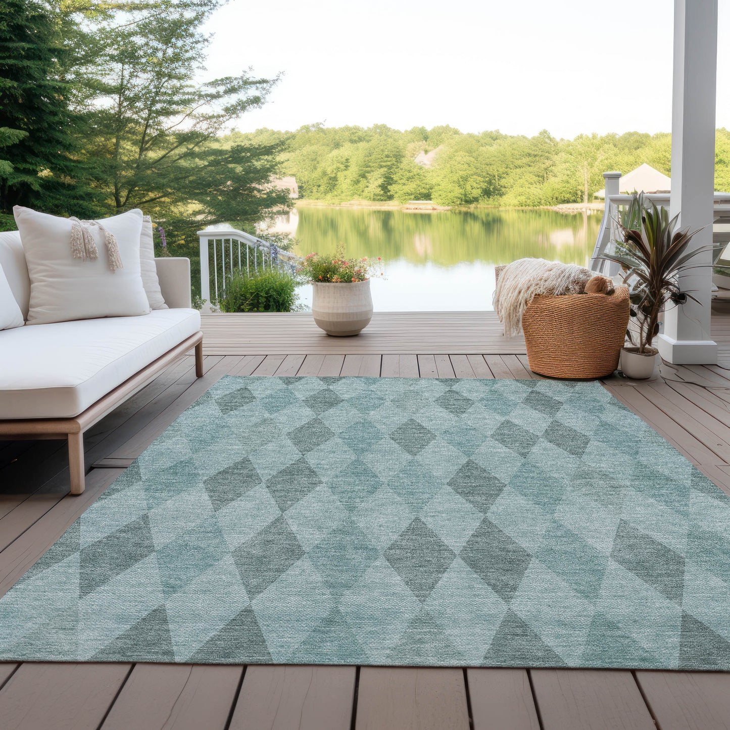 5' X 8' Teal Geometric Washable Non Skid Indoor Outdoor Area Rug