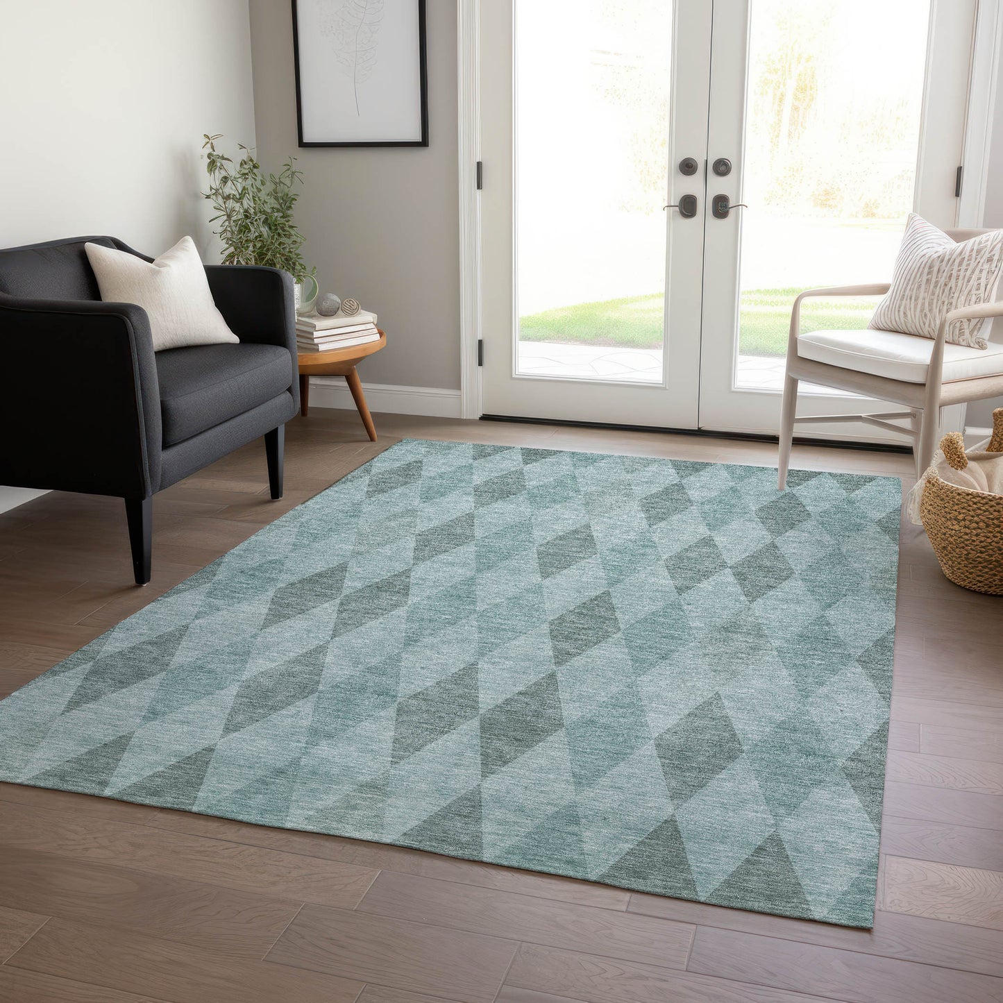 5' X 8' Teal Geometric Washable Non Skid Indoor Outdoor Area Rug