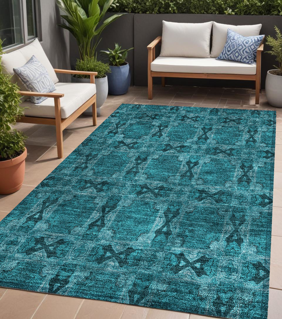 5' X 8' Teal Floral Medallion Washable Non Skid Indoor Outdoor Area Rug