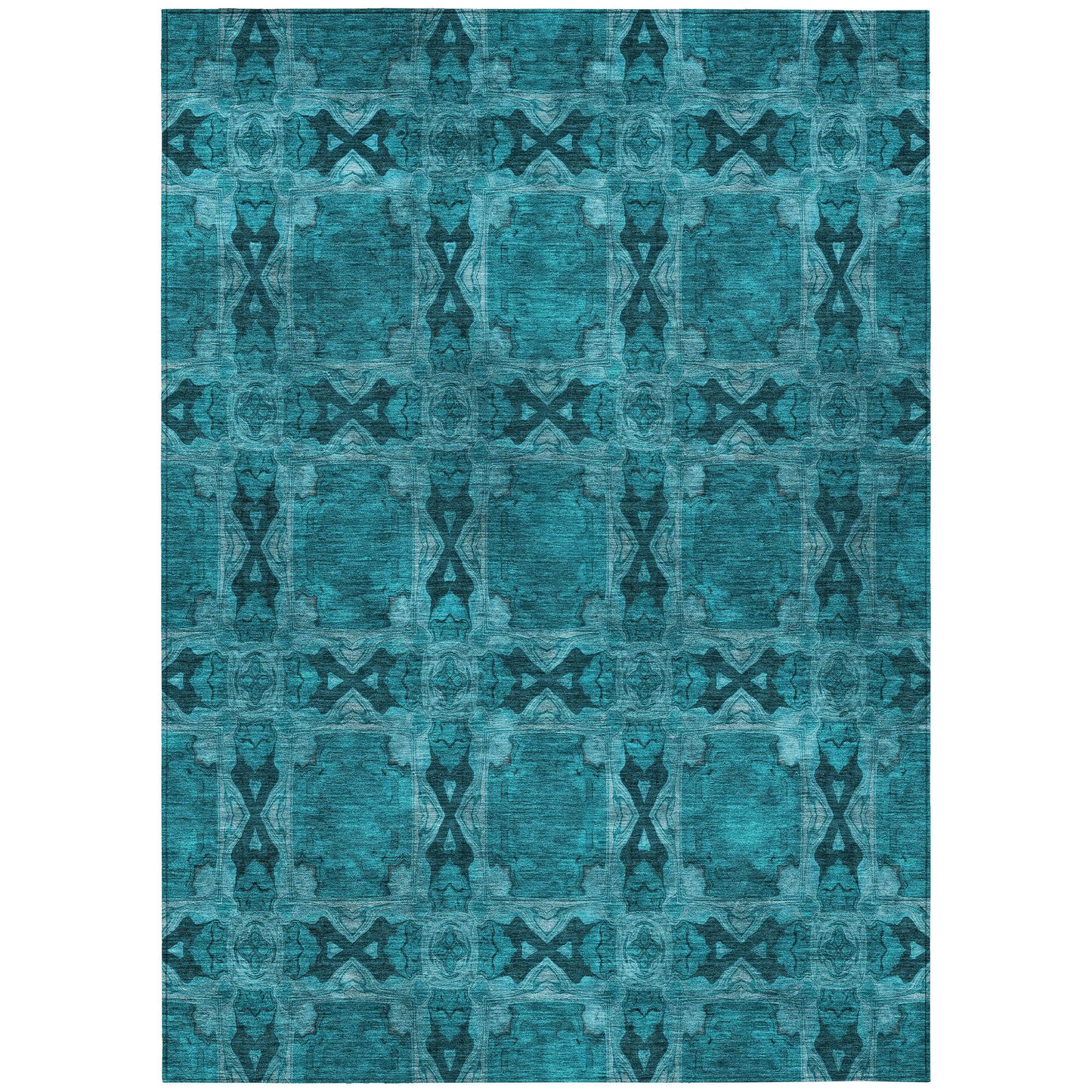 5' X 8' Teal Floral Medallion Washable Non Skid Indoor Outdoor Area Rug