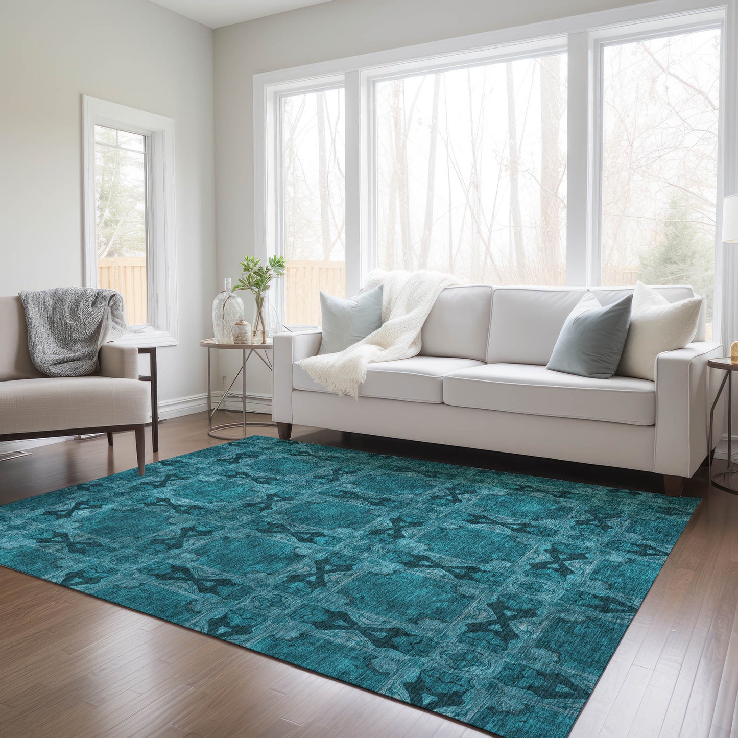 5' X 8' Teal Floral Medallion Washable Non Skid Indoor Outdoor Area Rug