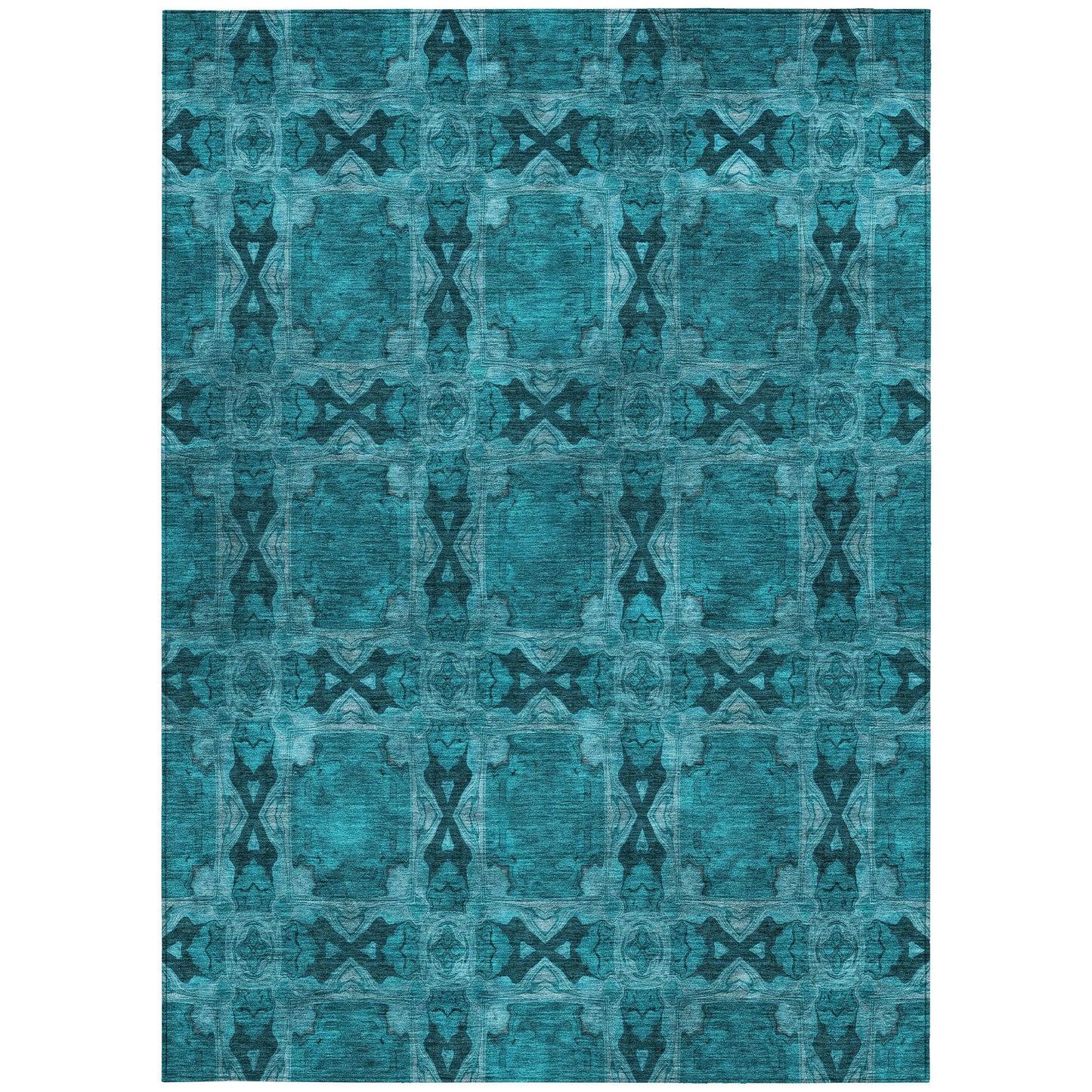 5' X 8' Teal Floral Medallion Washable Non Skid Indoor Outdoor Area Rug