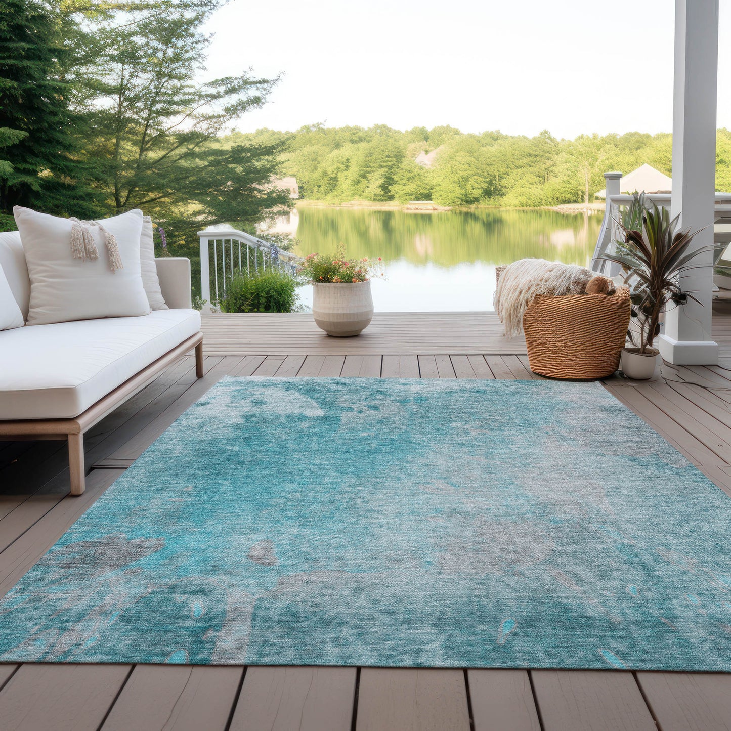 5' X 8' Teal Abstract Washable Non Skid Indoor Outdoor Area Rug