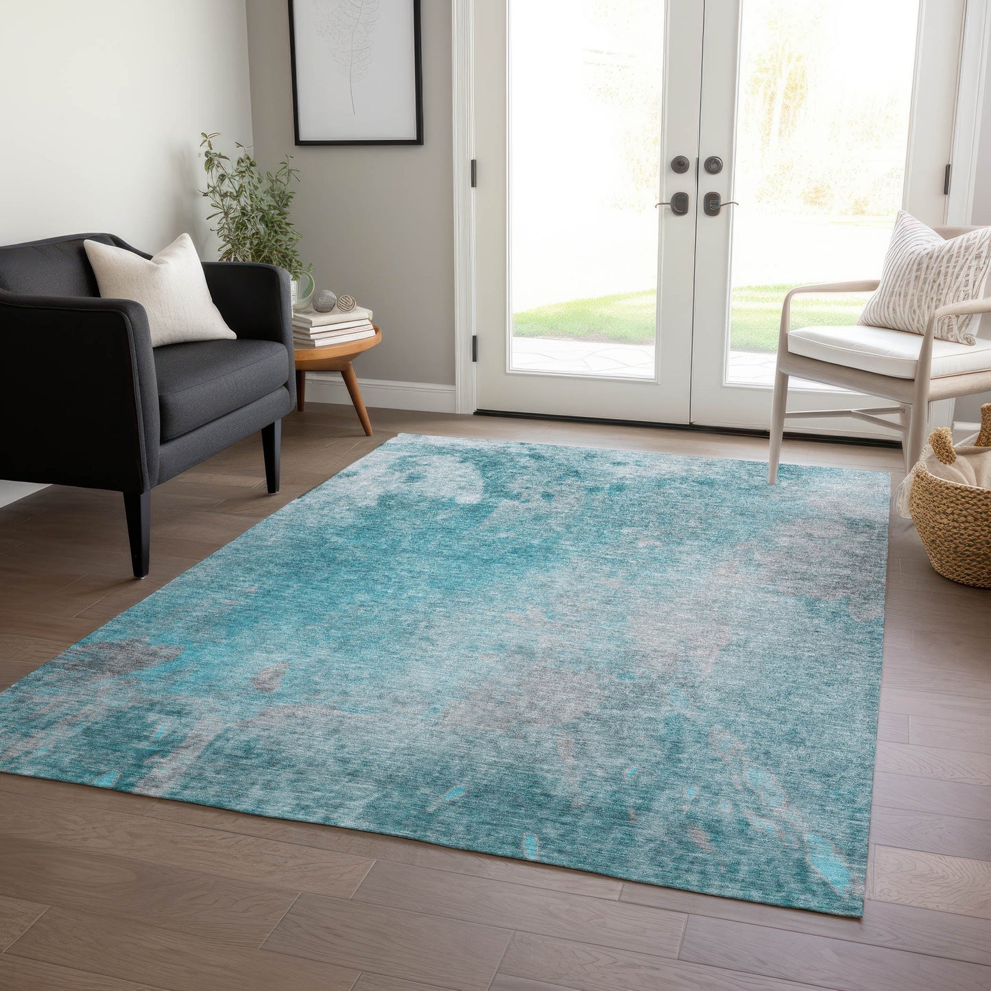 5' X 8' Teal Abstract Washable Non Skid Indoor Outdoor Area Rug