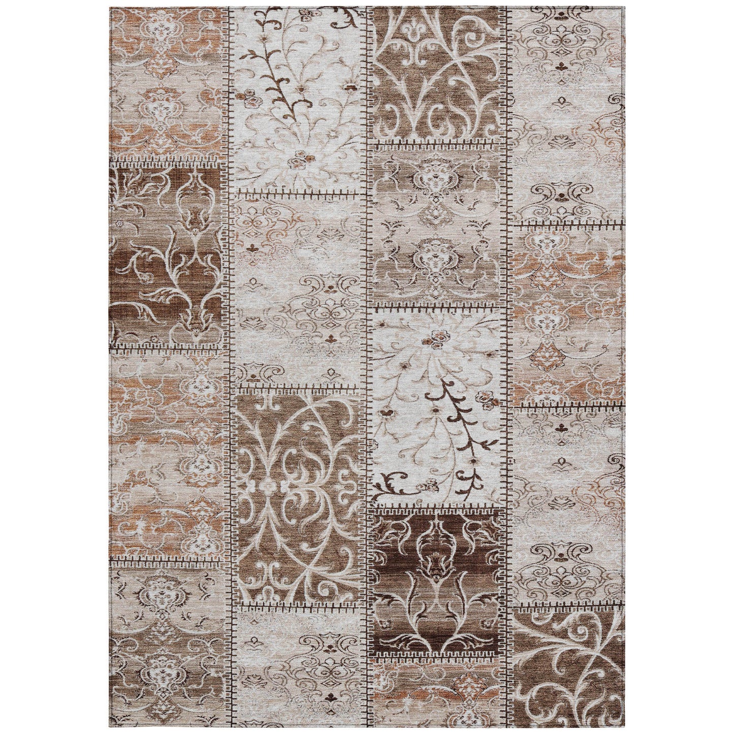 5' X 8' Taupe and Ivory Patchwork Washable Non Skid Indoor Outdoor Area Rug