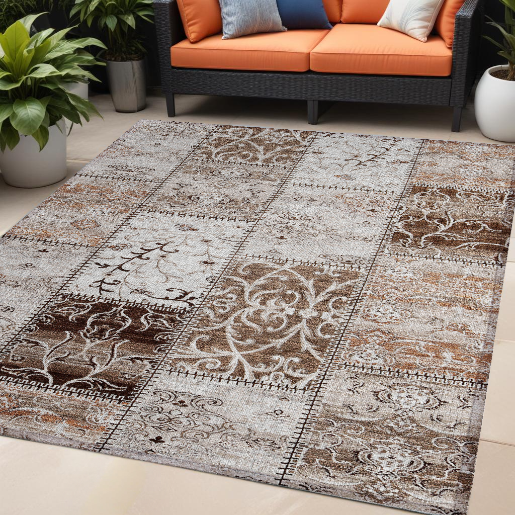 5' X 8' Taupe and Ivory Patchwork Washable Non Skid Indoor Outdoor Area Rug