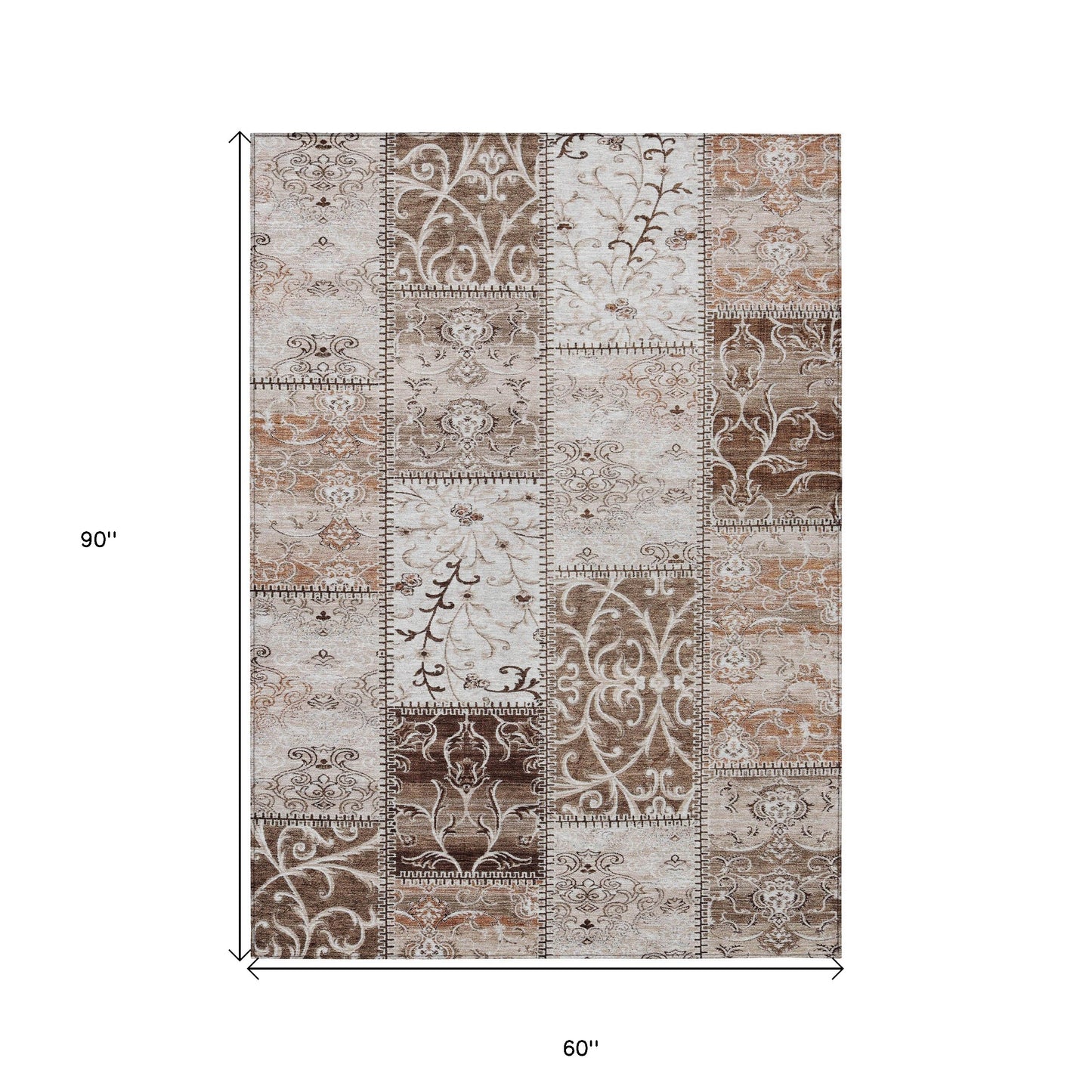 5' X 8' Taupe and Ivory Patchwork Washable Non Skid Indoor Outdoor Area Rug