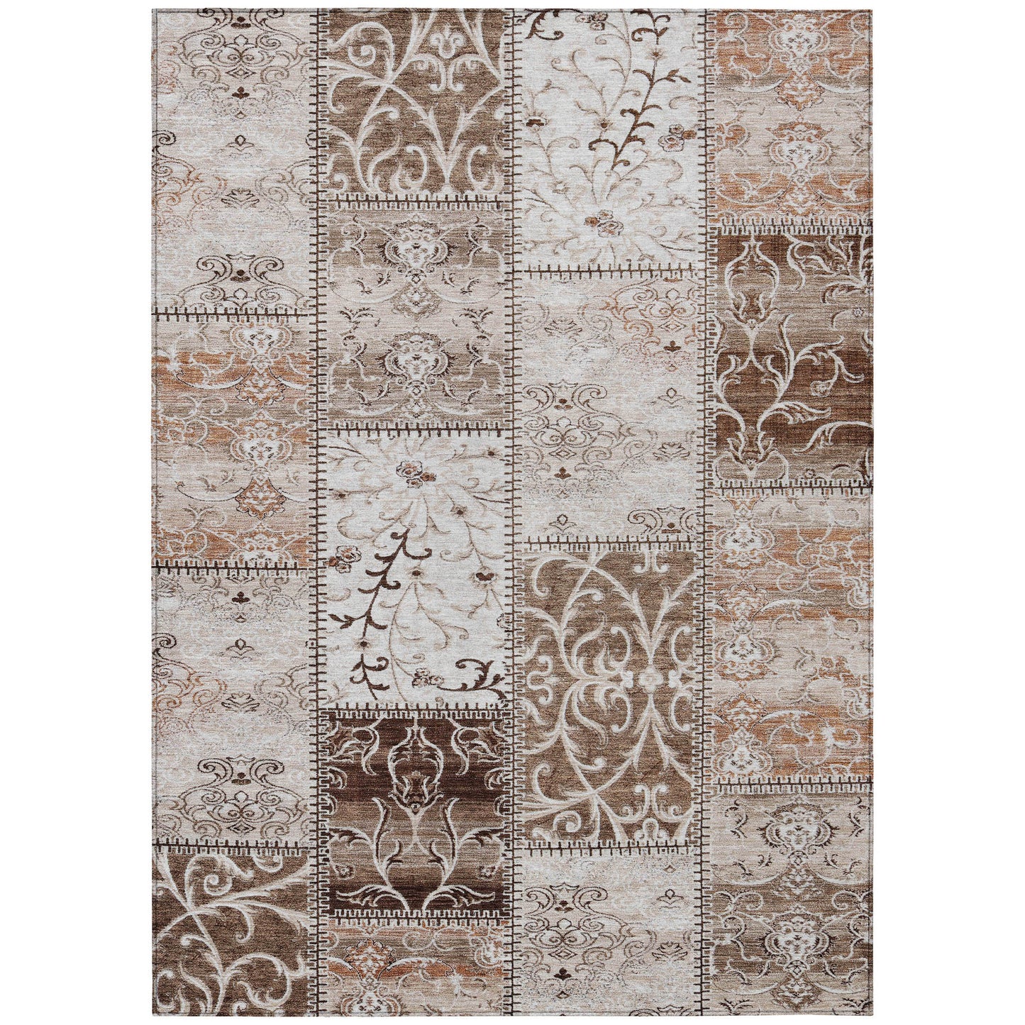 5' X 8' Taupe and Ivory Patchwork Washable Non Skid Indoor Outdoor Area Rug