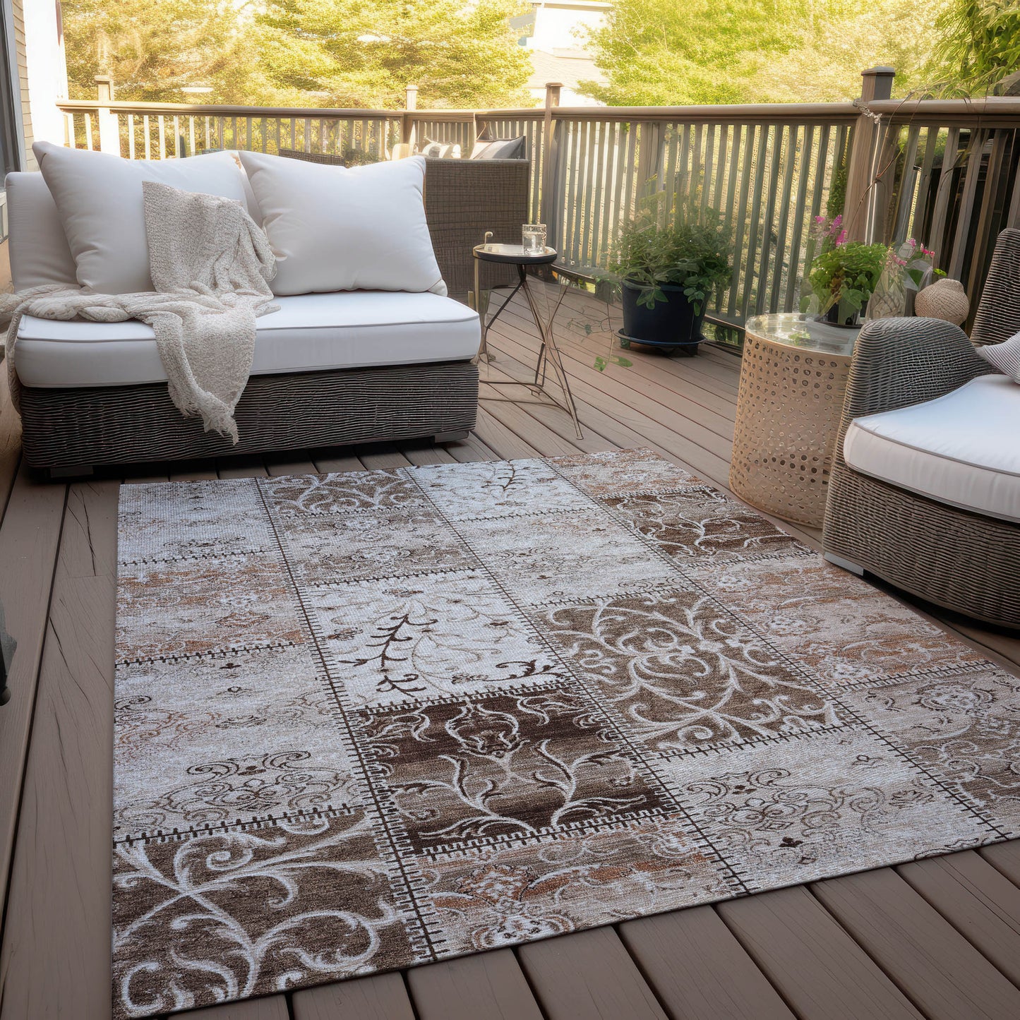 5' X 8' Taupe and Ivory Patchwork Washable Non Skid Indoor Outdoor Area Rug