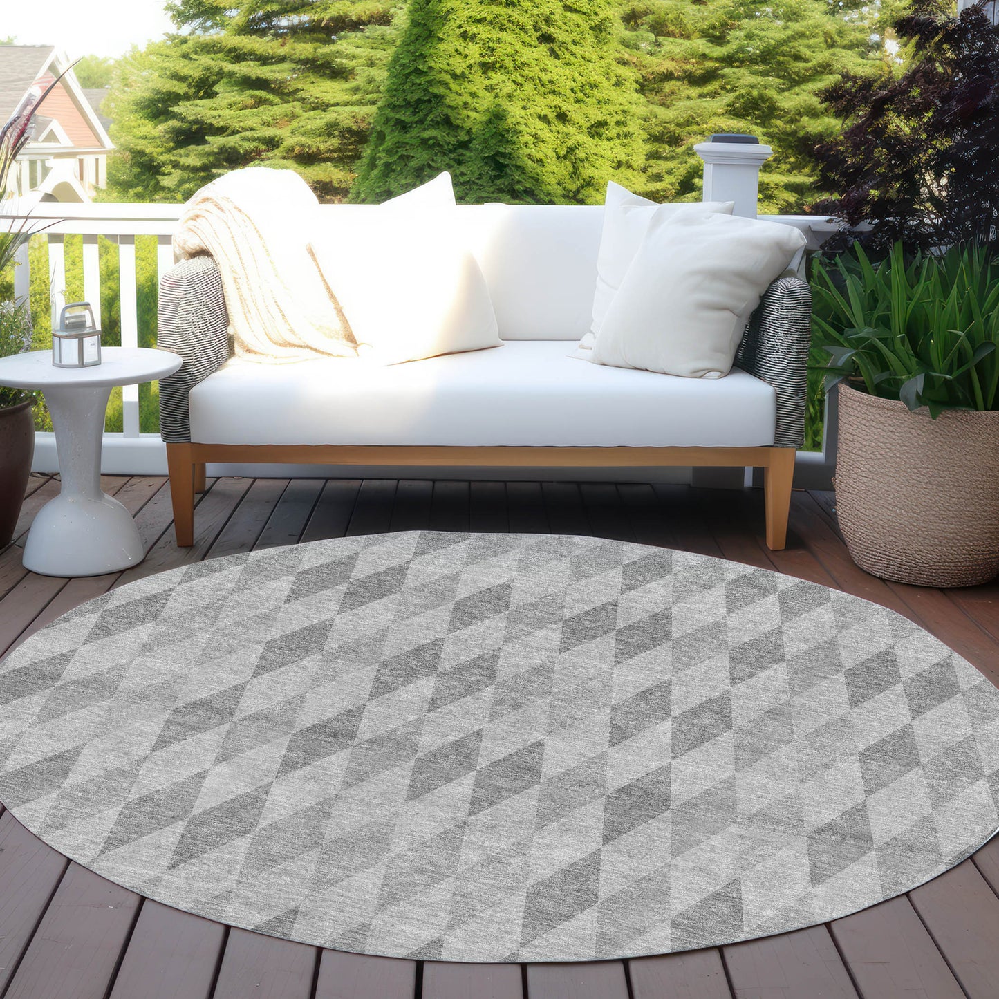 8' Round Gray Round Geometric Washable Non Skid Indoor Outdoor Area Rug