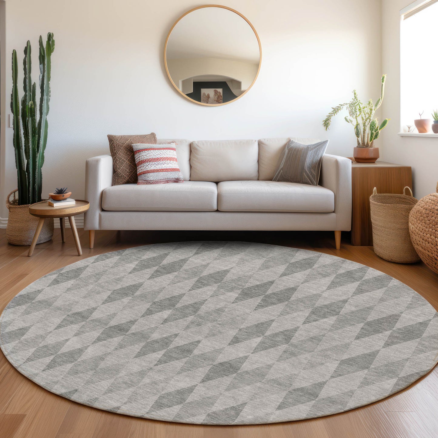 8' Round Gray Round Geometric Washable Non Skid Indoor Outdoor Area Rug