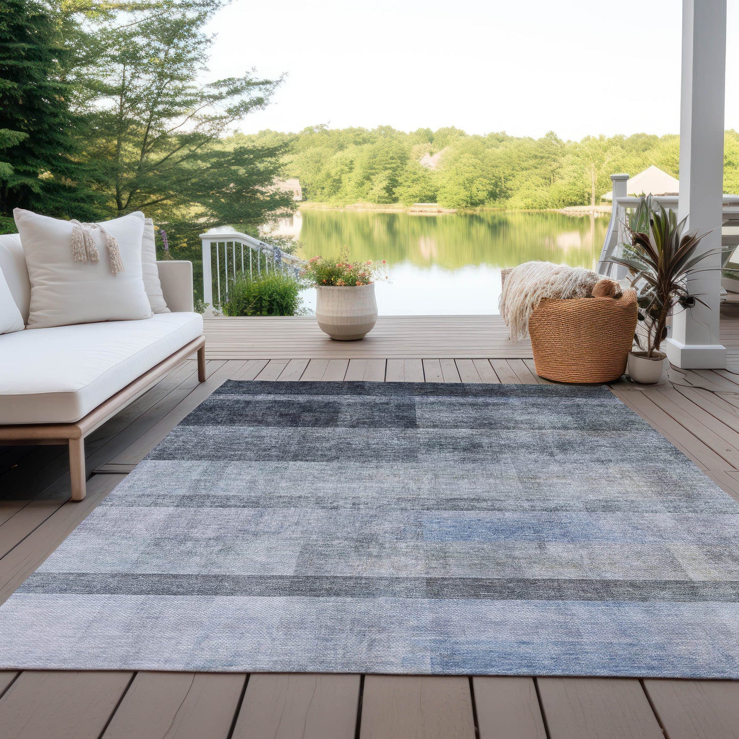 5' X 8' Navy and Gray Ombre Washable Non Skid Indoor Outdoor Area Rug