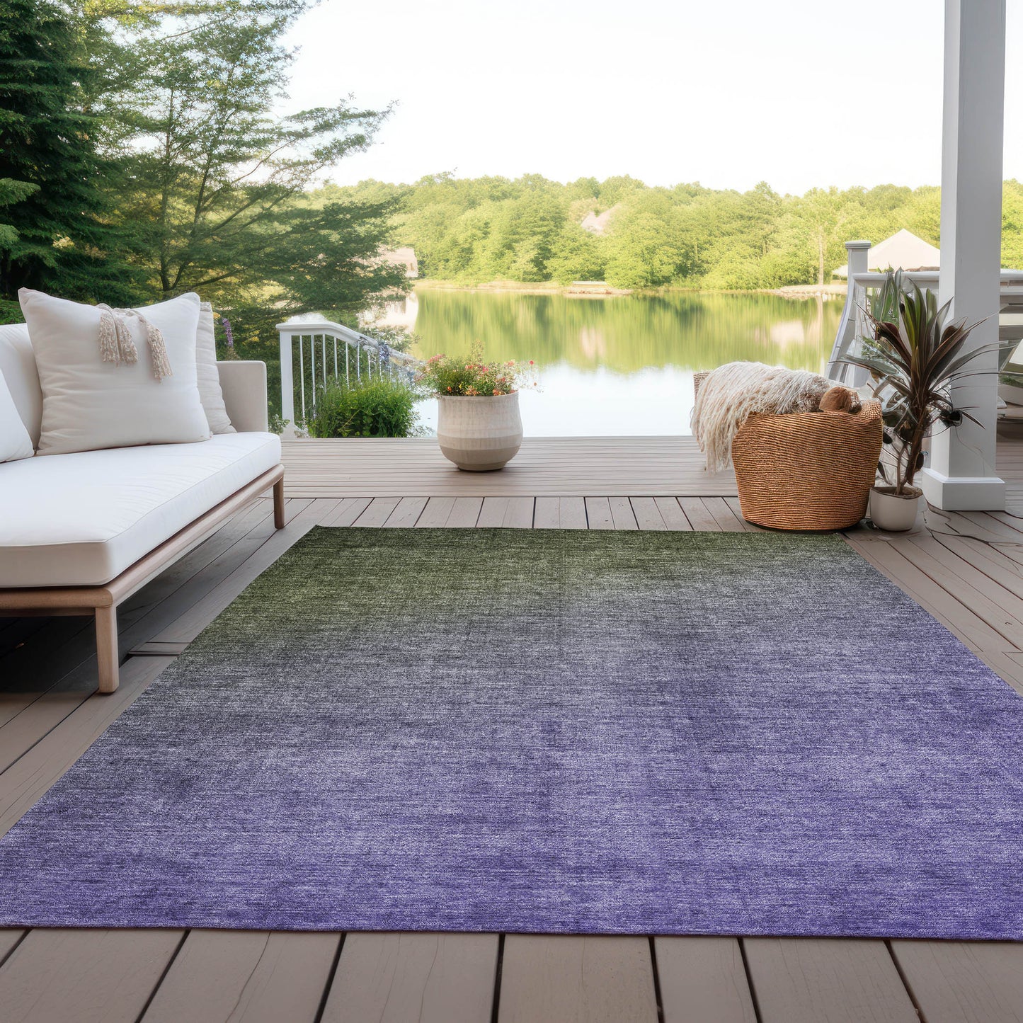 5' X 8' Olive Green and Purple Ombre Washable Non Skid Indoor Outdoor Area Rug