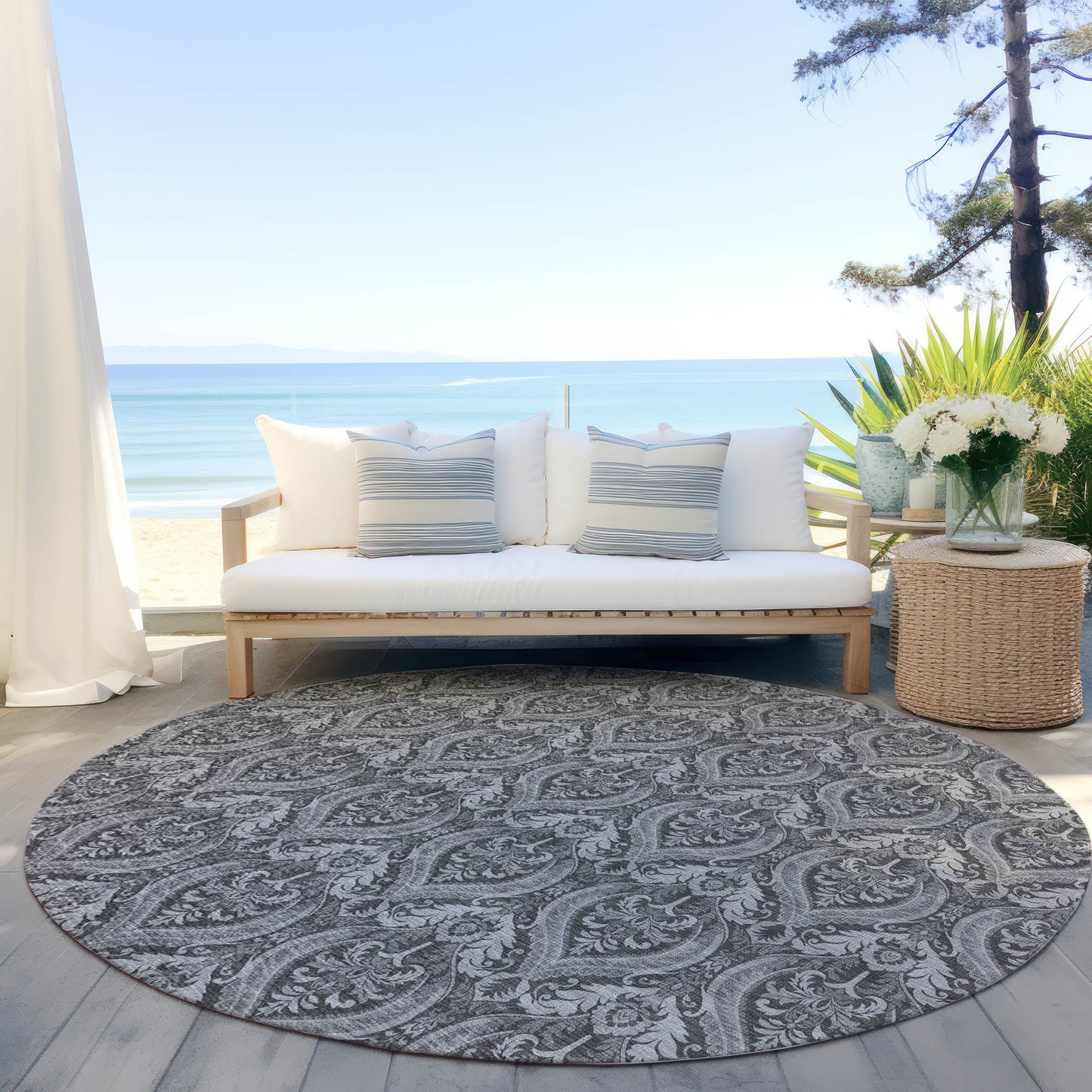 8' Round Gray Round Damask Washable Non Skid Indoor Outdoor Area Rug