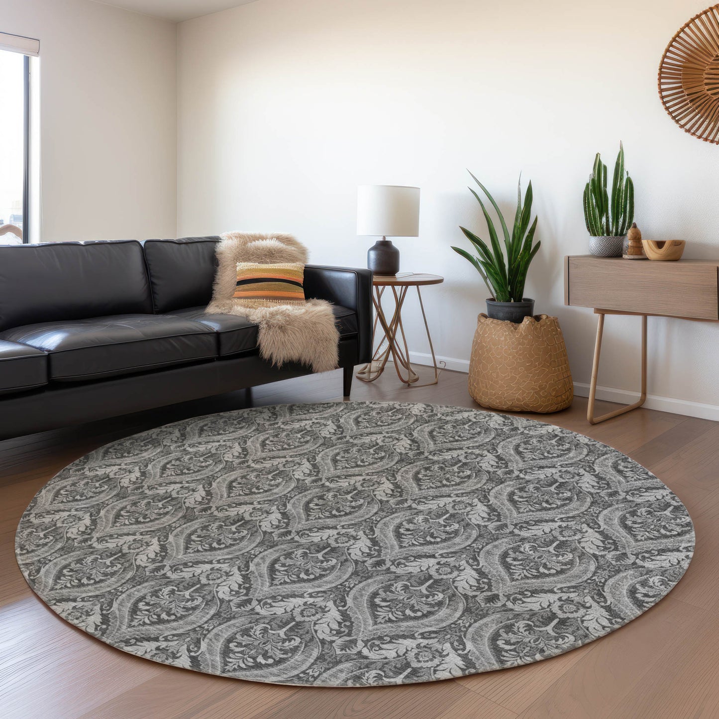 8' Round Gray Round Damask Washable Non Skid Indoor Outdoor Area Rug