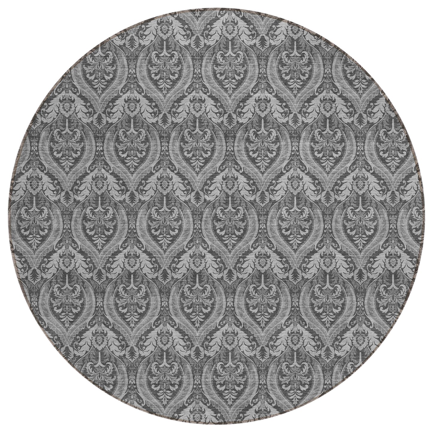 8' Round Gray Round Damask Washable Non Skid Indoor Outdoor Area Rug