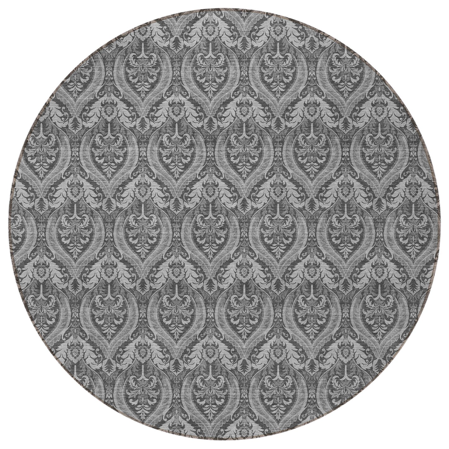 8' Round Gray Round Damask Washable Non Skid Indoor Outdoor Area Rug