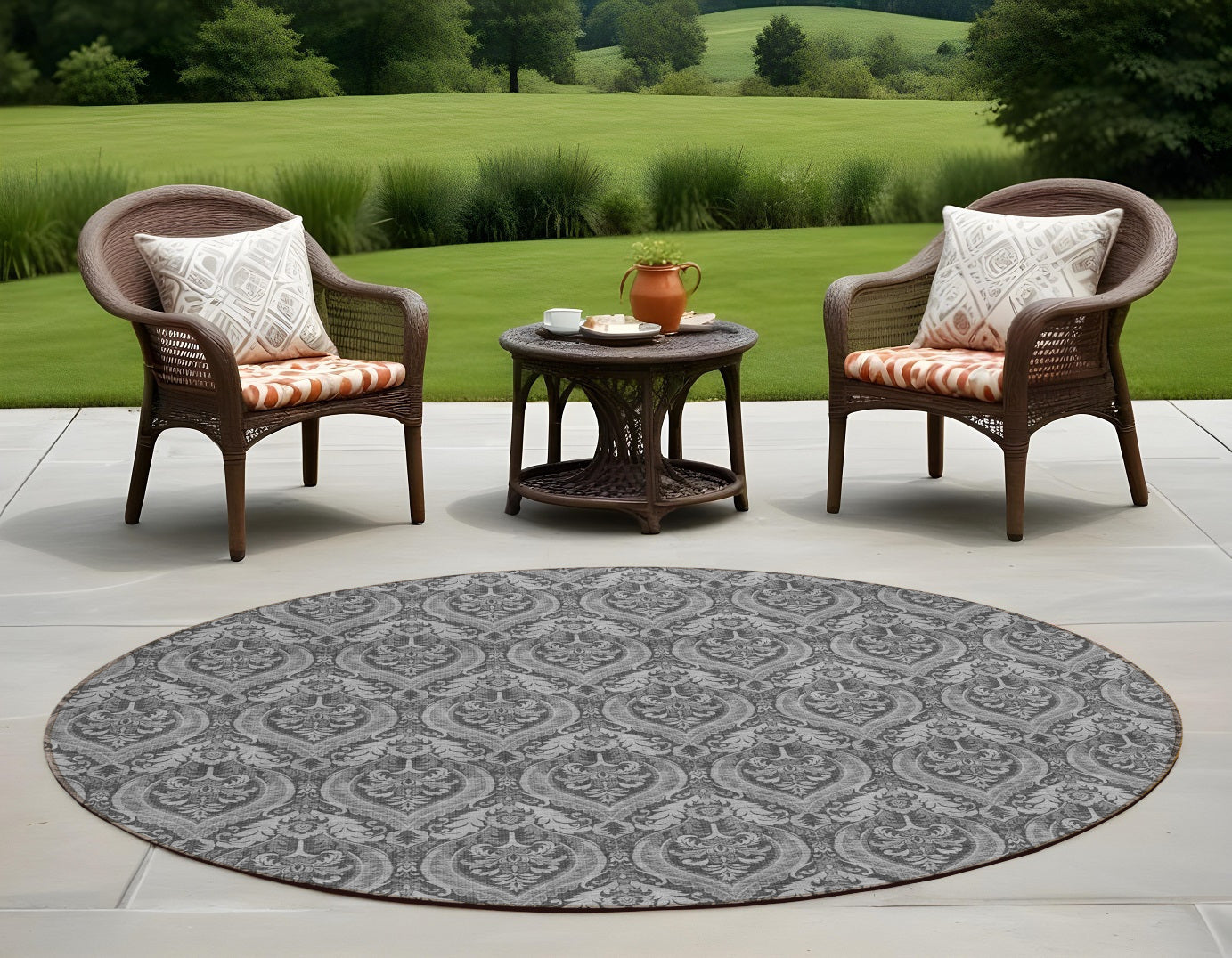 8' Round Gray Round Damask Washable Non Skid Indoor Outdoor Area Rug